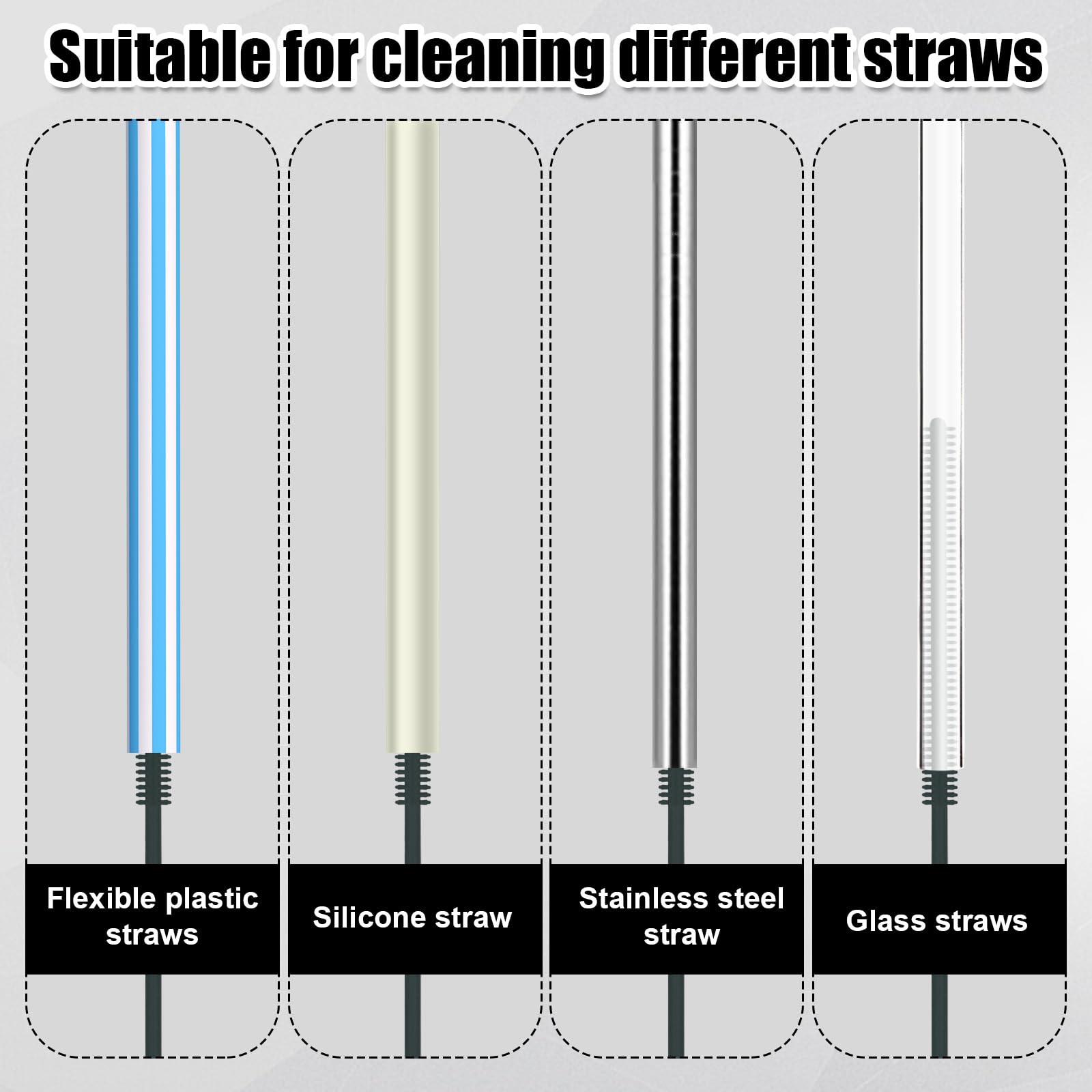 Silicone Straw Brush, 8Mm Gray 9.45 Inch Long Reusable Straw Cleaner With Hanging Hole Straw Washing Tool Bendable Crevice Brush