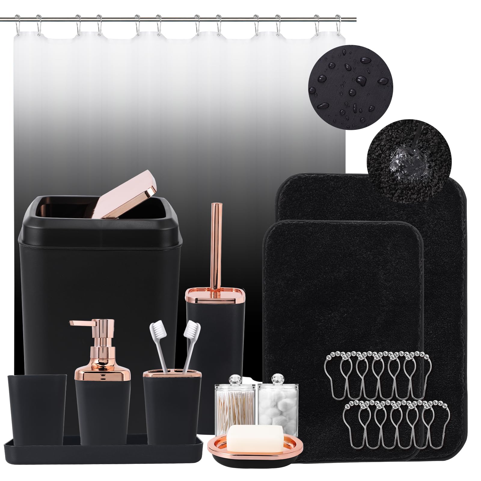 Xlhomo Bathroom Accessory Set-Bathroom Set With Shower Curtain And Rugs, No Slip Bathroom Rugs Super Absorbent, Black Ombre Wate