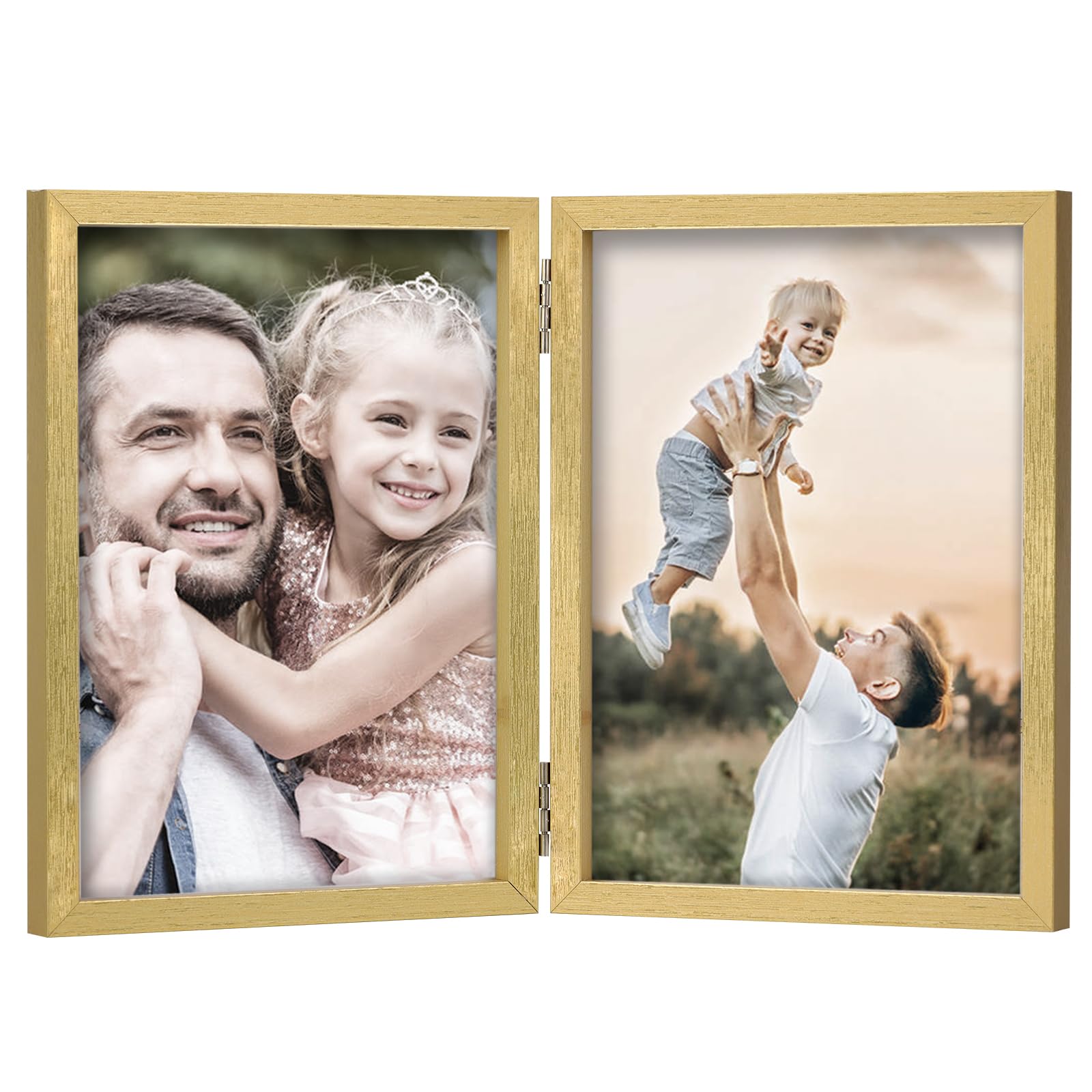 WUTL 5x7 Picture Frames Double Hinged MDF Golden with Glass Front Stand Vertical on Tabletop