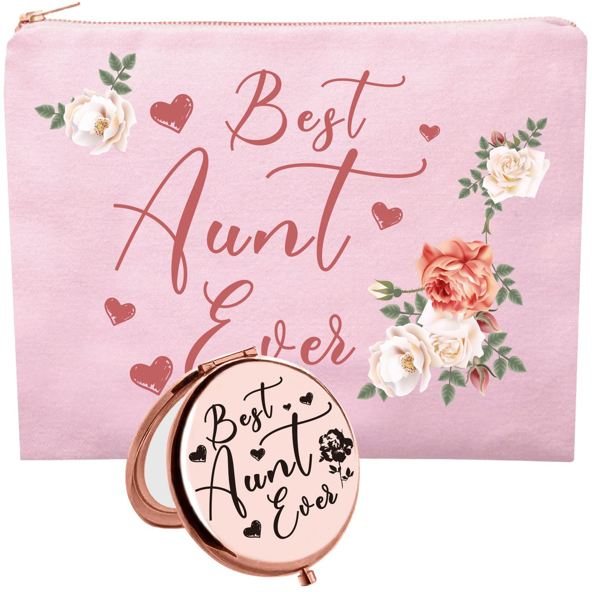 Hnoonz Best Aunt Ever Gifts,Aunt Gifts From Niece,Aunt Cosmetic Bag,Best Aunt Makeup Bag,Aunt Compact Mirror,Birthday Gifts For