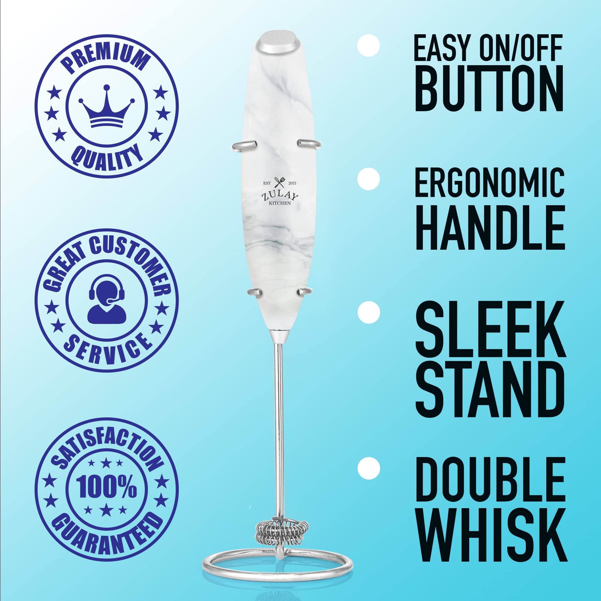 Zulay Kitchen Powerful Double Whisk Milk Frother Handheld - Foam Maker With Stand - Whisk Drink Mixer For Coffee, Mini Foamer Fo