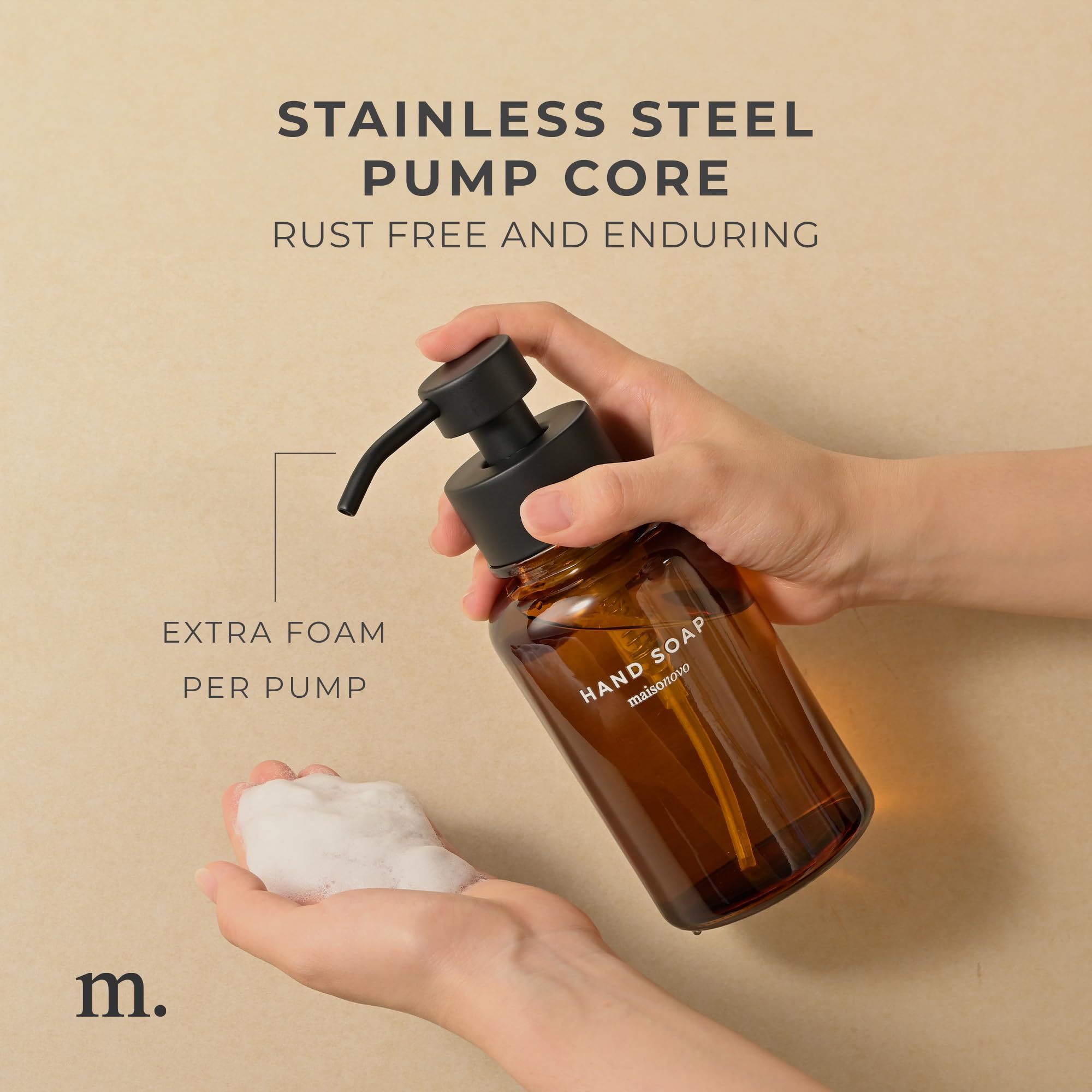 Maisonovo Glass Foaming Hand Soap Dispenser | Amber Foaming Soap Dispenser Black Pump X 1 W/Labels