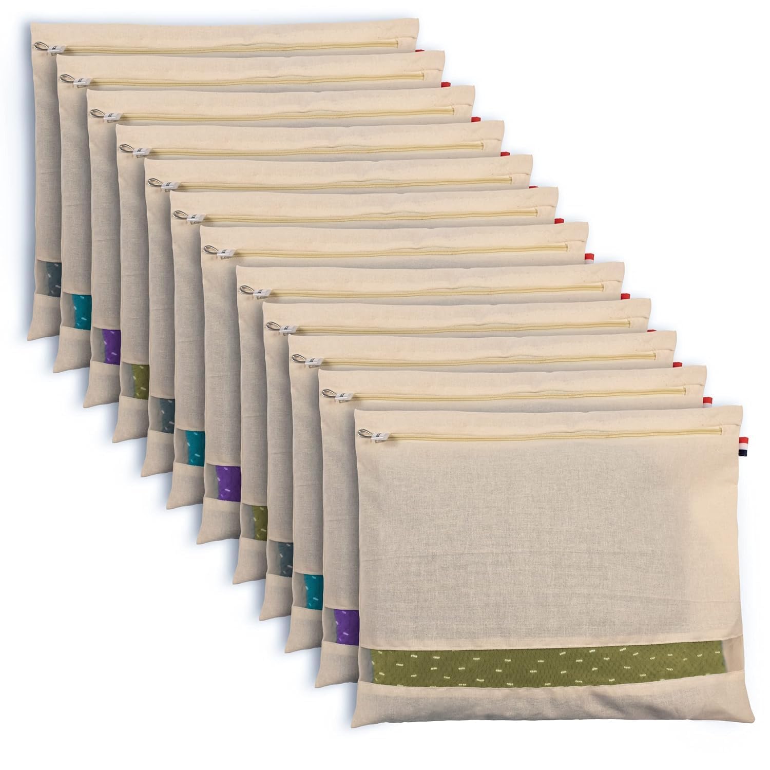 Cotton Saree Cover Bags With Zip, Beige, 16X14 Inch, Transparent Mesh Window, Wardrobe Organiser, Pack Of 12