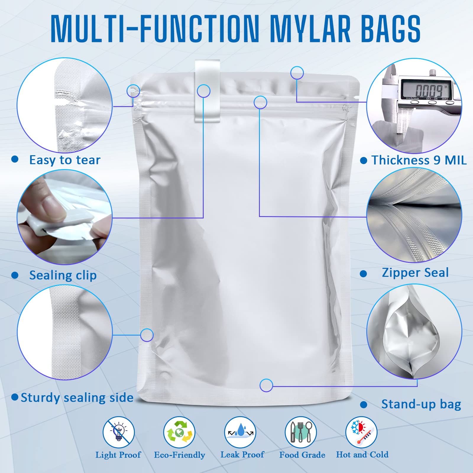 100 Pack Mylar Bags For Food Storage With 100X300Cc Oxygen Absorbers - 9 Mil 10''X14'', 9Mil 6''X9'', 9Mil 4.3''X6.3'' - Reseala