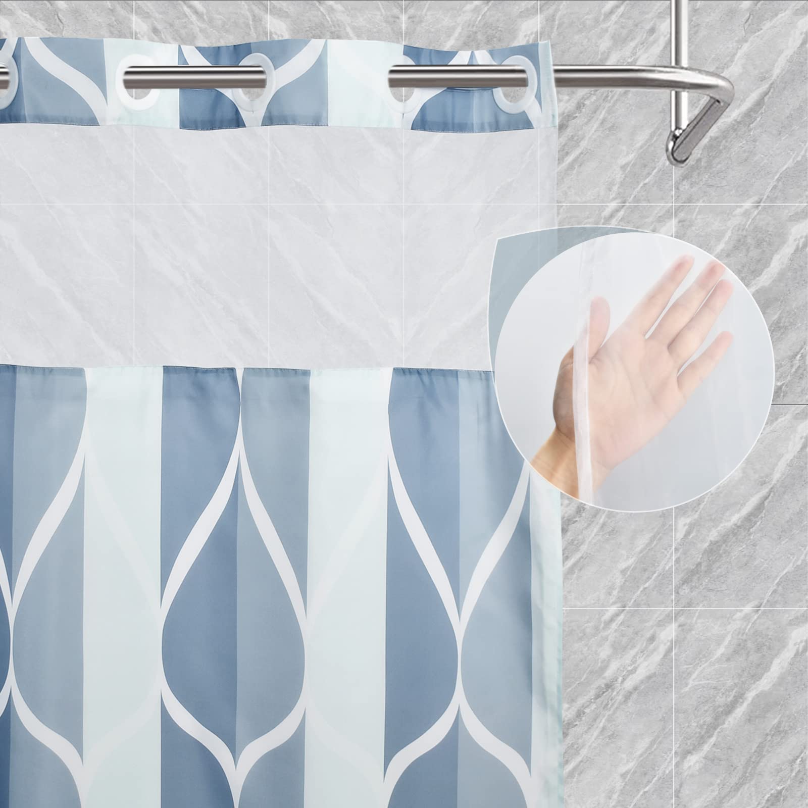 YIATN No Hook Dark Blue Double Shower Curtain with Snap in Fabric Liner Set - Hotel Style with See Through Mesh Top Window  Modern Geometric Waterdrop Design Water-Repellent & Washable  71x74 INCH