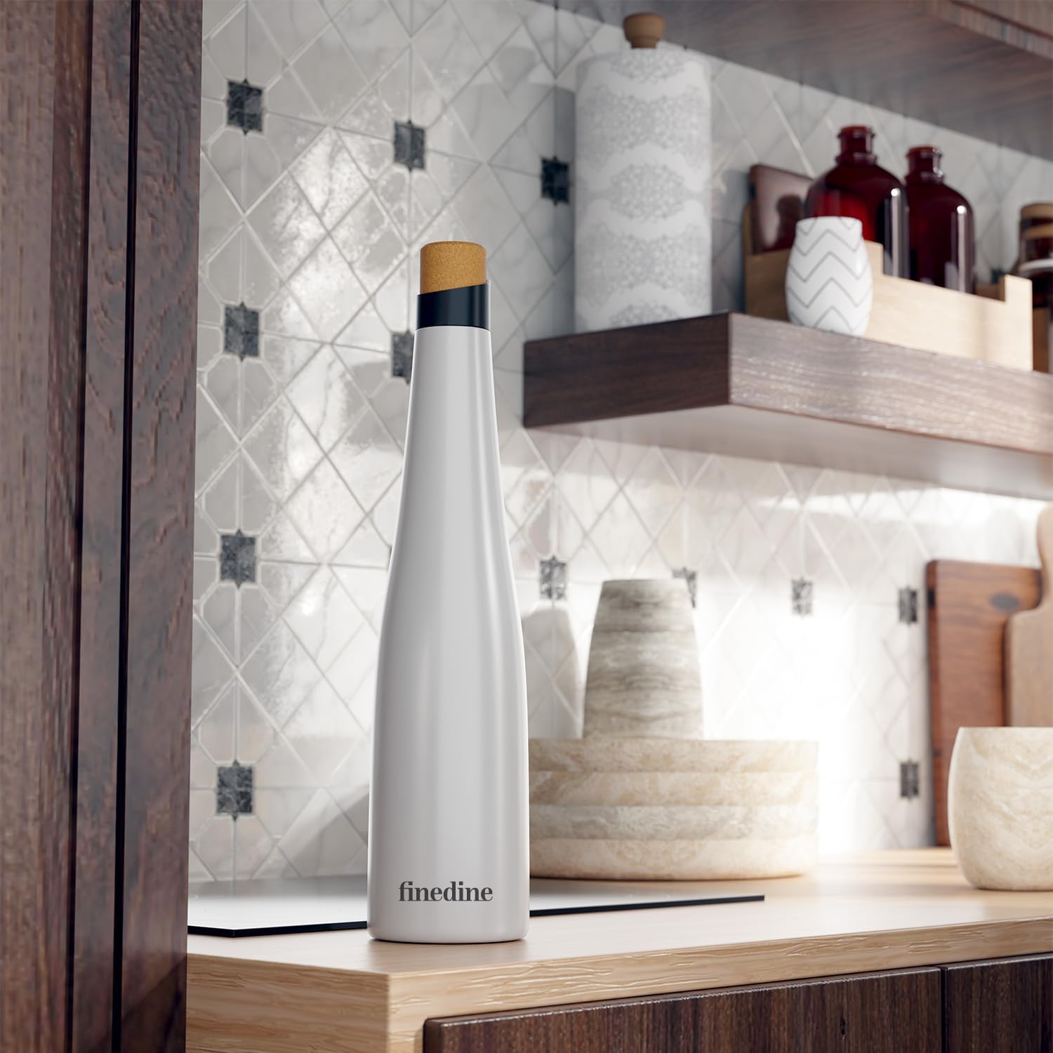 Finedine Double Insulated Stainless Steel Water Bottle With Sleek Champaign Design -Wooden Cork 1000 Ml, Keeps Hot And Cold- Whi