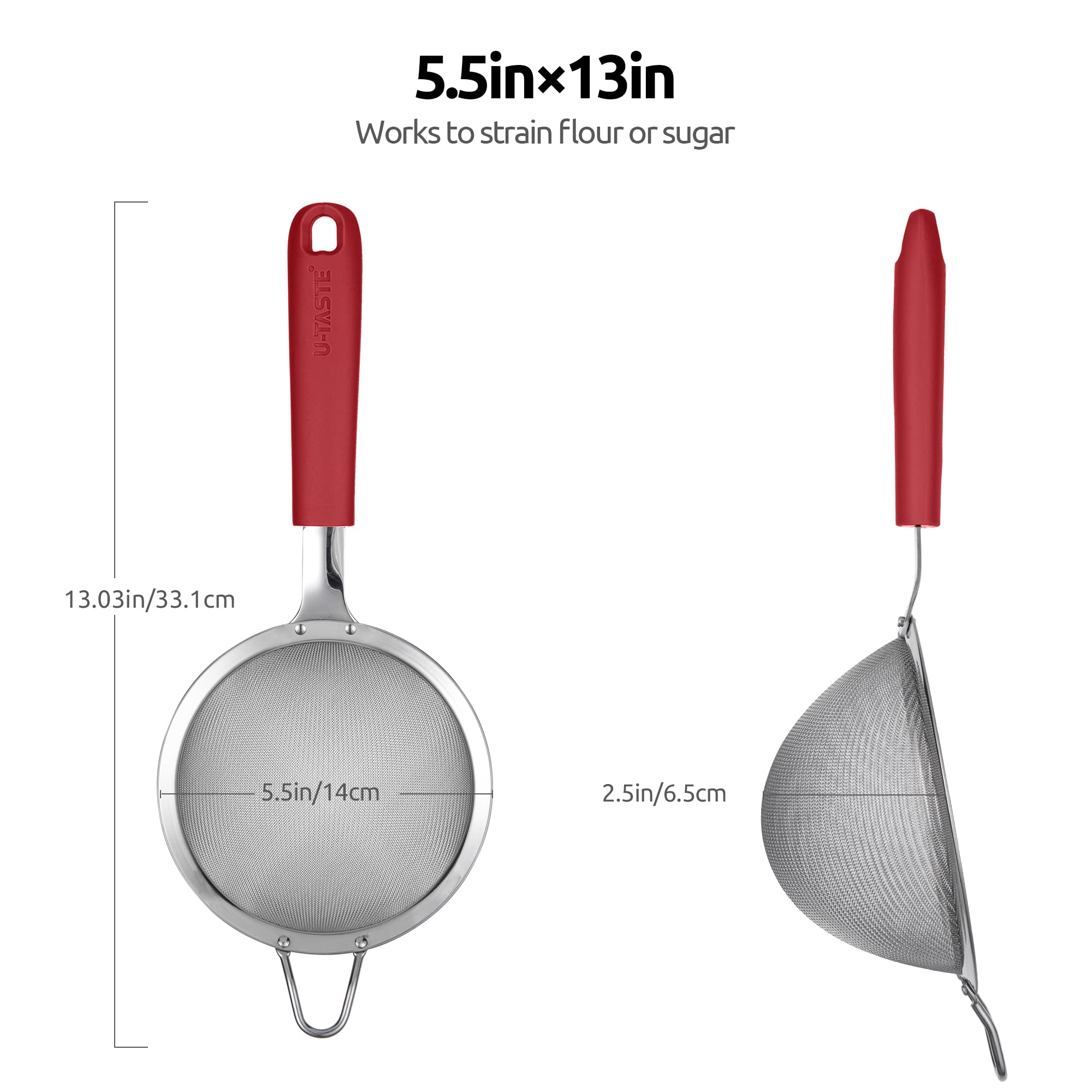 18/8 Stainless Steel Mesh Strainer: U-Taste 5.5 Inch Kitchen Fine Mesh Sieve Food Colander With Riveted Sturdy Silicone Handle A