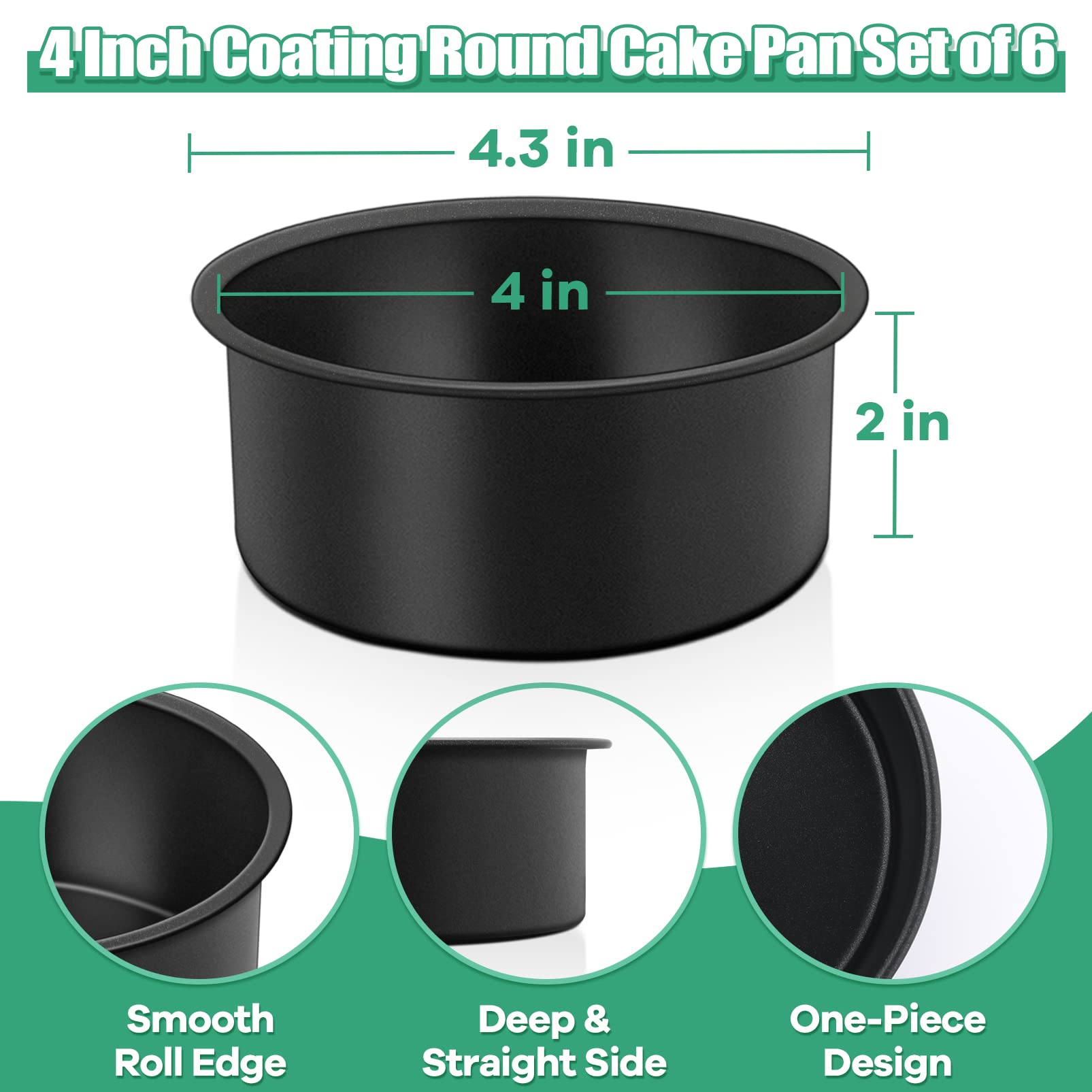 Teamfar 4 Inch Cake Pan, 6Pcs Mini Round Baking Layer Cake Pan, With Non-Stick Coating Stainless Steel Core For Birthday, Party,