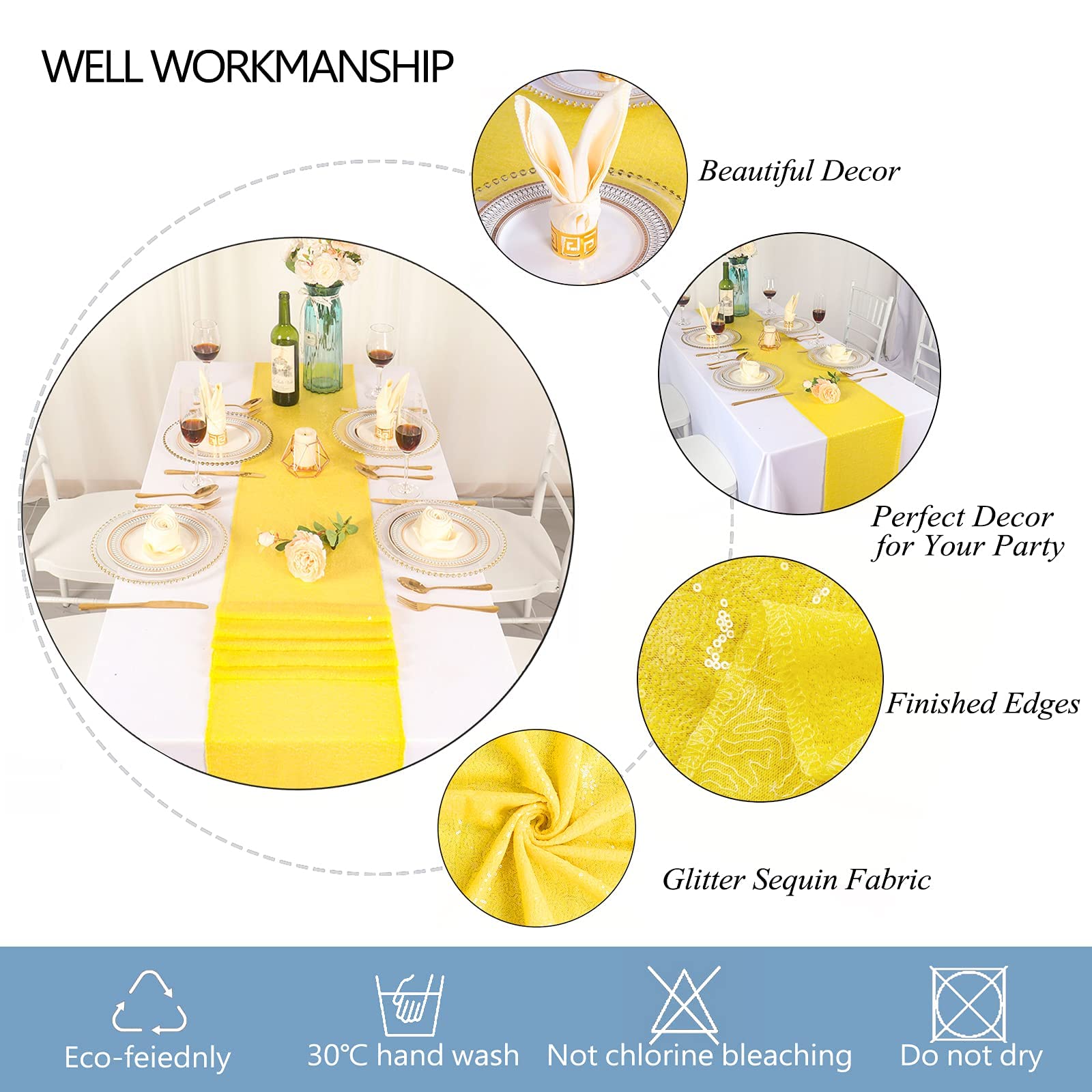 Duobao Yellow Sequin Table Runner 12X72 Inches Pack Of 5 Wedding Runners Sequence Table-Runner Linen Table Cover Overlay Glitter