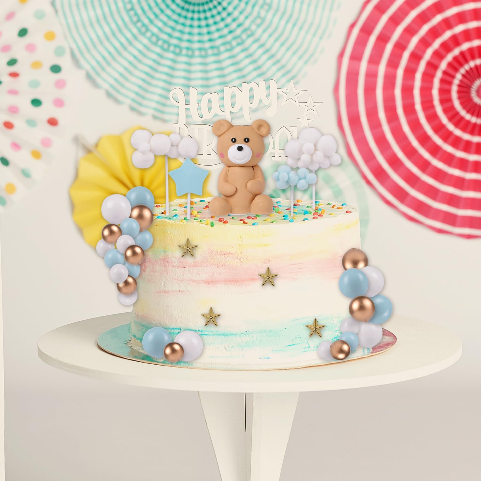 46 Pcs 3D Bear Balls Cake Toppers Brown Teddy Bear For Birthday Party Wedding Baby Shower Supplies(Blue)A