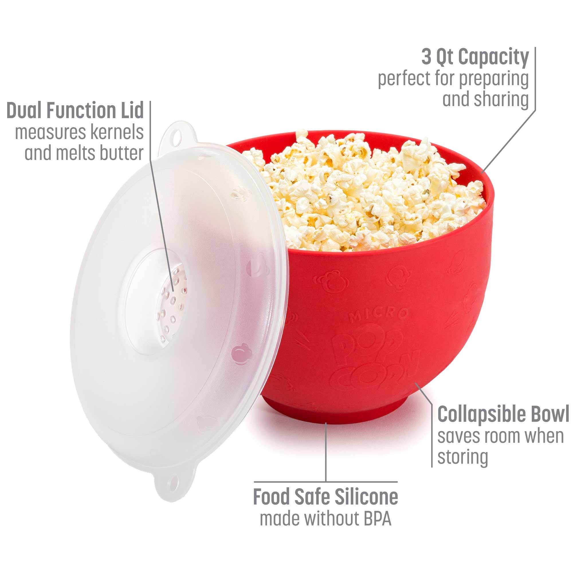 Goodful Silicone Popcorn Popper, Collapsible Hot Air Microwavable Popcorn Maker, Bowl Made Without Bpa, Red