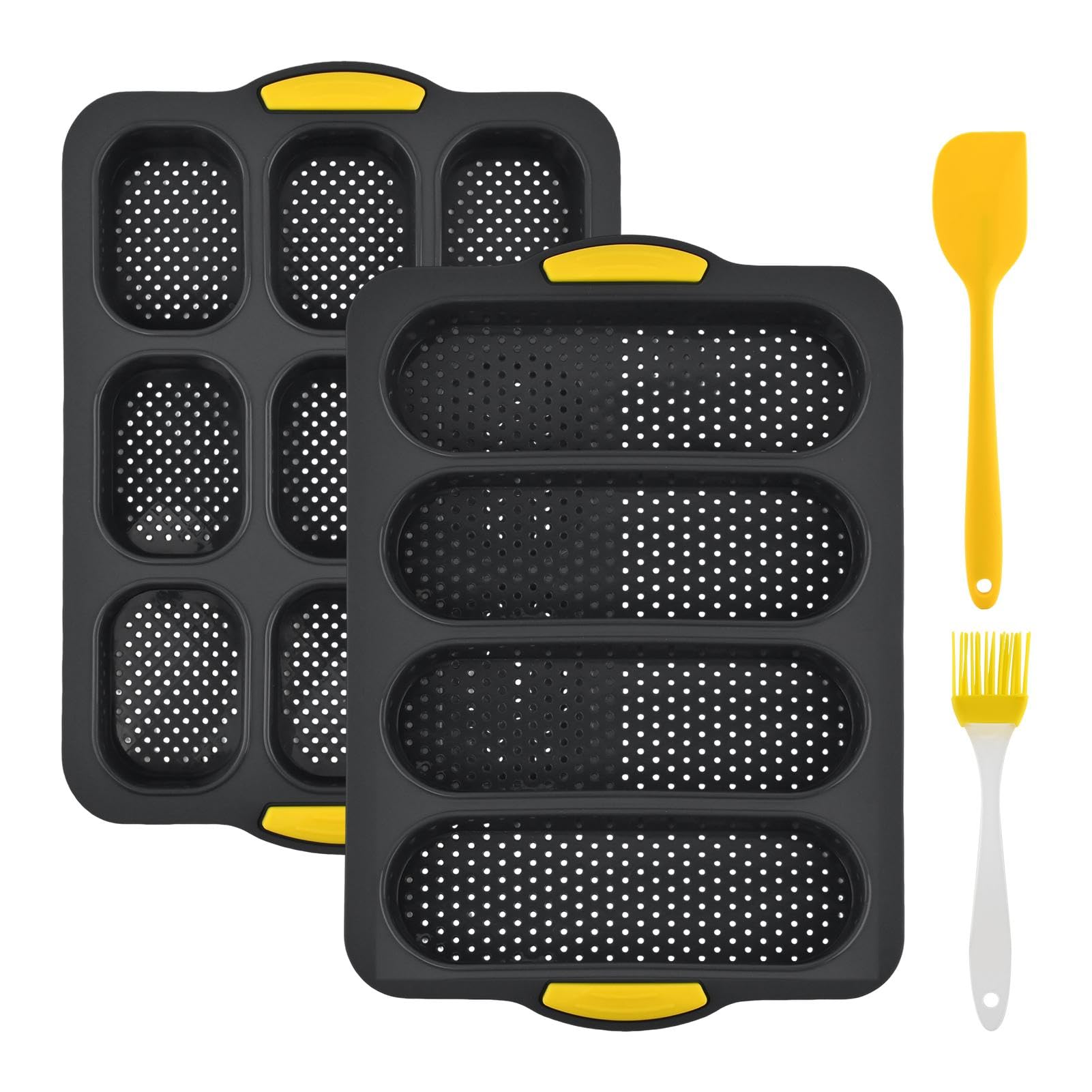 2 pcs Silicone Baguette Bread Pan Set, 4 Hole Non-Stick Long French Loaf Pan and 9 Hole Hamburger Bun Mold with Scraper Oil Brus