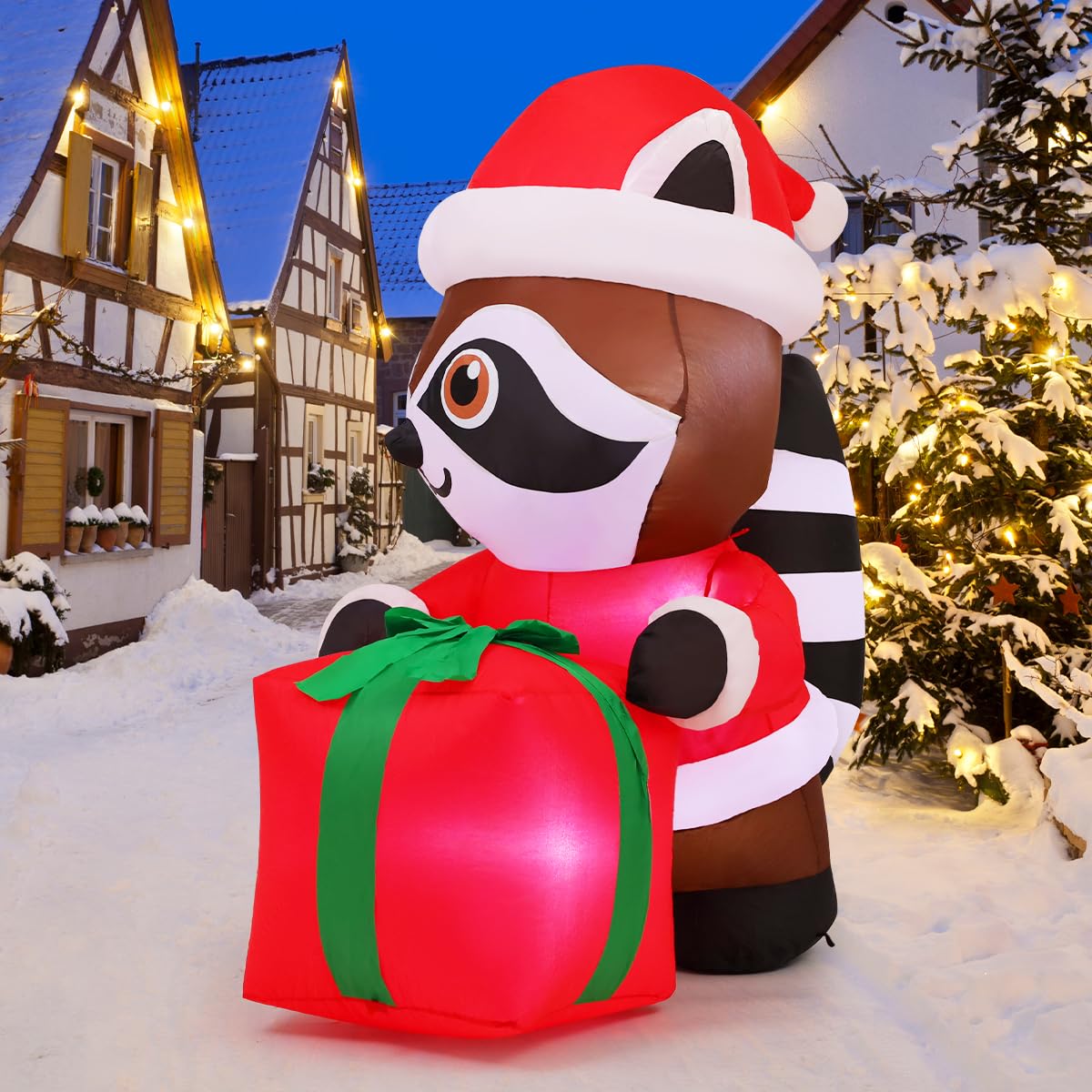 COMIN 5.2 FT Inflatable Raccoon with Gift Package - Outdoor Christmas Decoration, Polyester, CO-27672, Built-in LEDs for Yard Decor