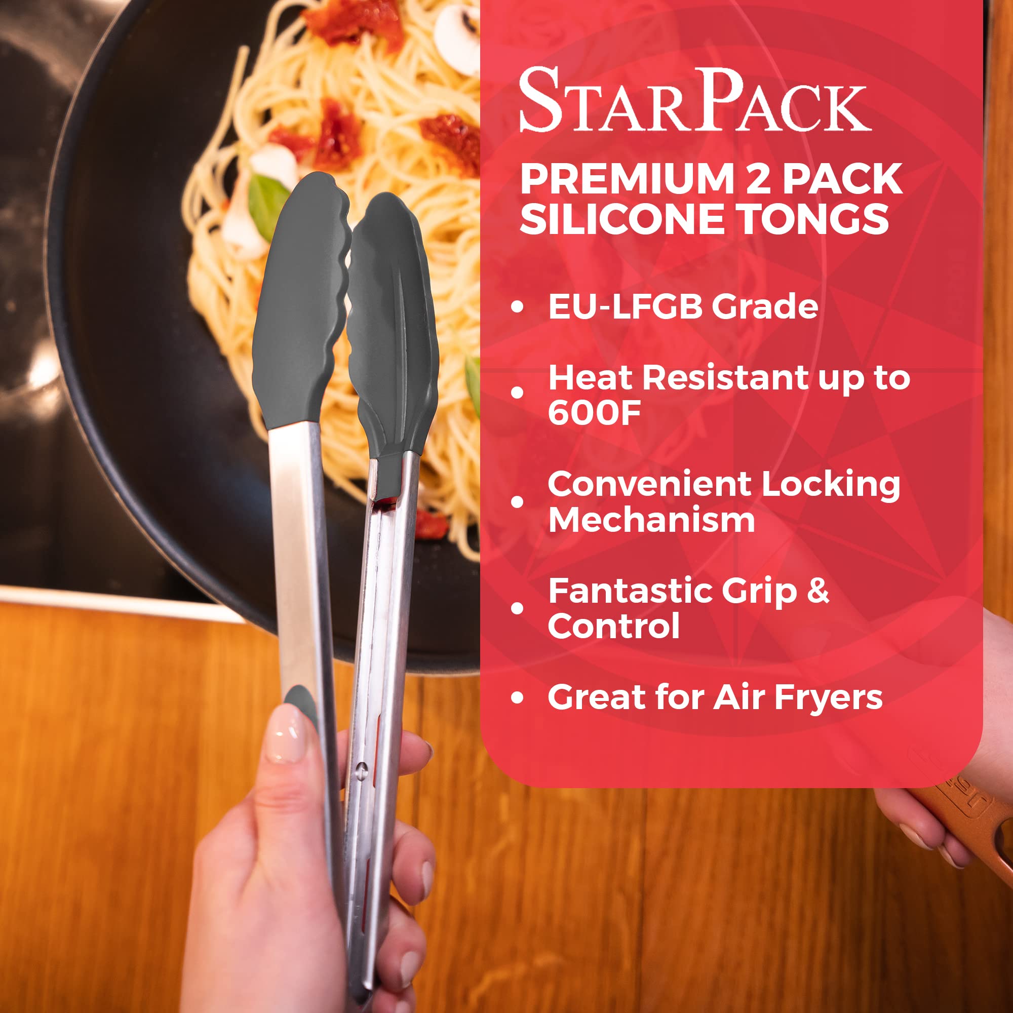 StarPack Premium Silicone Kitchen Tongs for Cooking Set (9'' & 12'' Gray Black) - Stainless Steel Tongs for Cooking with Silicone Tips - Non-Stick  High Heat Resistant Silicone Tongs (600