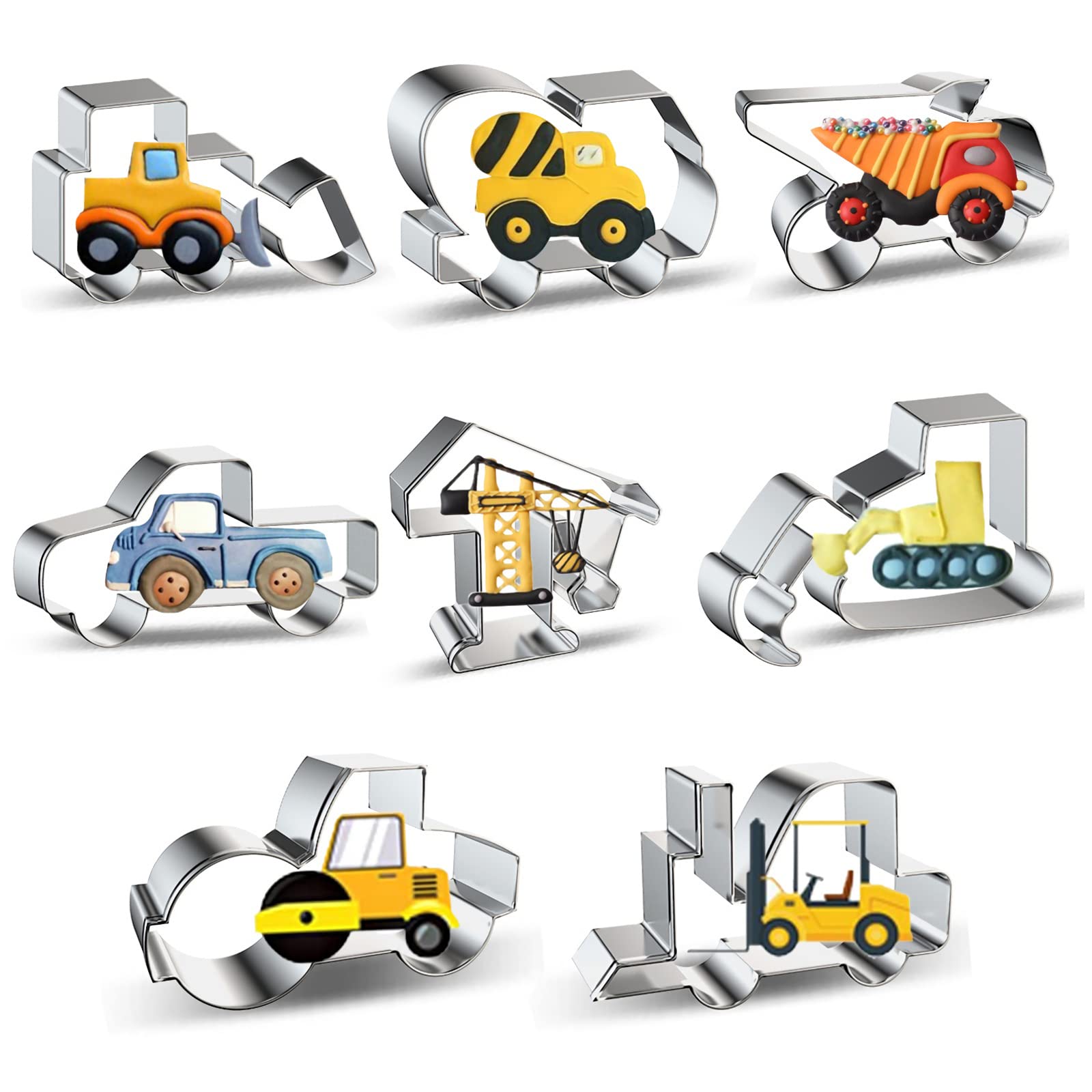 Construction Truck Cookie Cutter Set Of 8 - Bulldozer Cement Mixer Dump Truck Pickup Truck Crane Excavator Forklift - Constructi