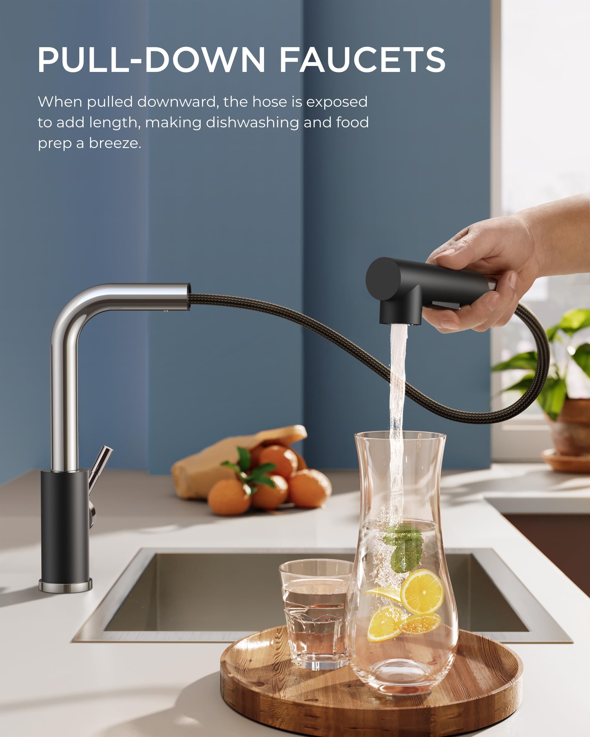 Forious Kitchen Sink Faucet, Pull Down Kitchen Faucet, Black And Chrome Kitchen Faucets With Pull Out Sprayer Stainless Steel Si