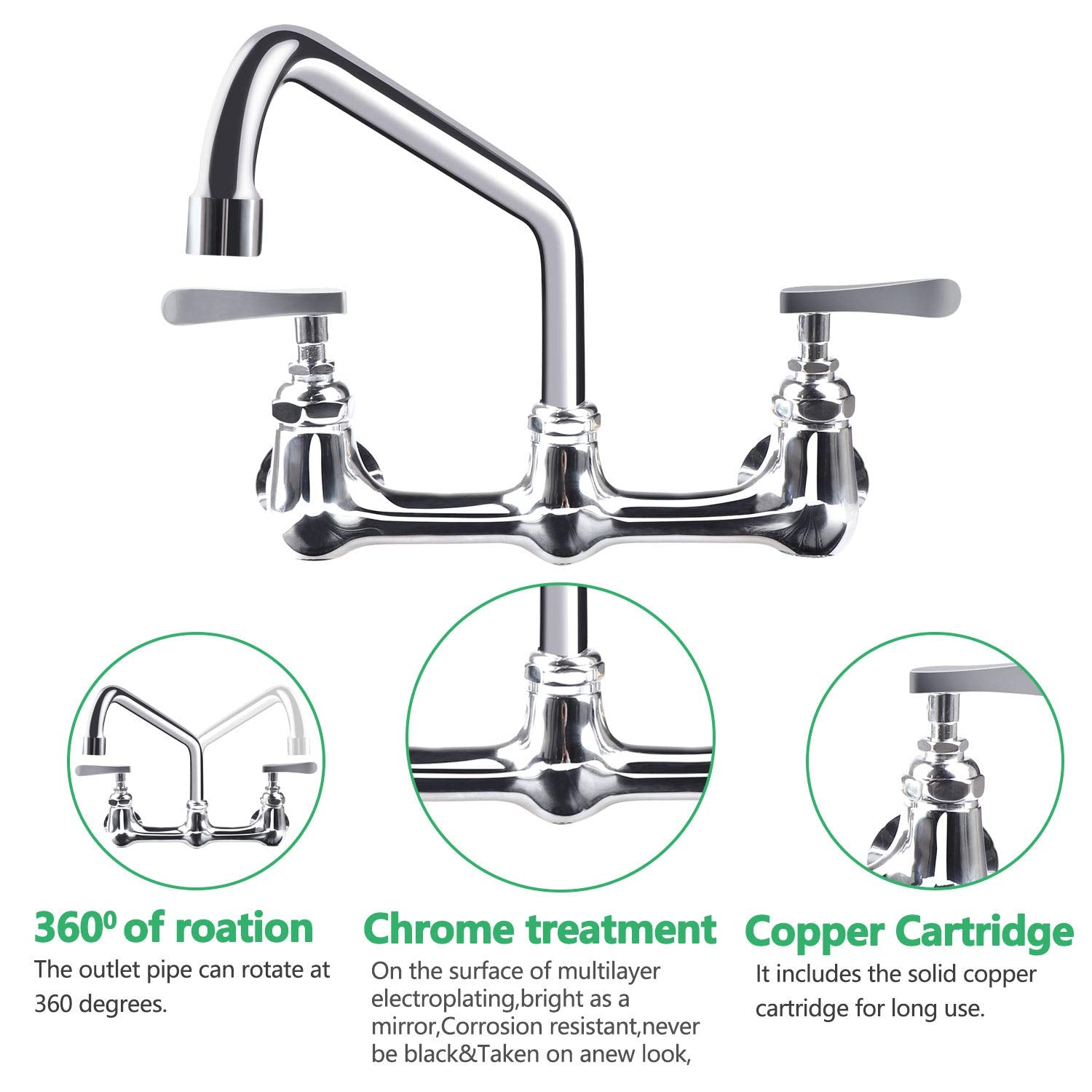 Kwode Commercial Faucet 8 Inch Center Wall Mount Kitchen Sink Faucet With 12'' Swivel Spout 2-Handle For Home Restaurant Backspl