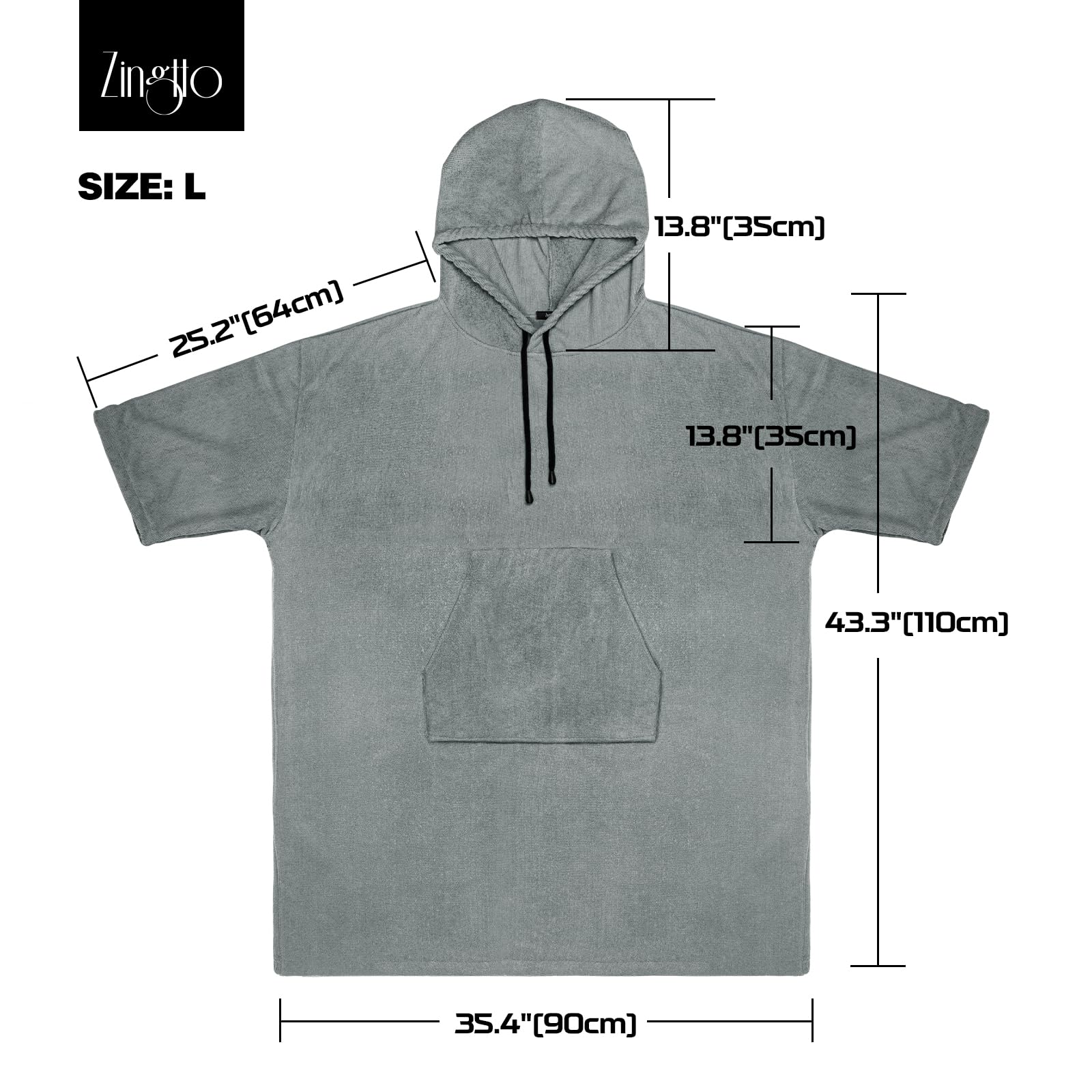 Zingtto Surf Poncho Changing Robe, 3/4 Sleeve Extra Large Thick Hoodie Towel Poncho For Men Women Beach Swimming, 43'' X 35'', G