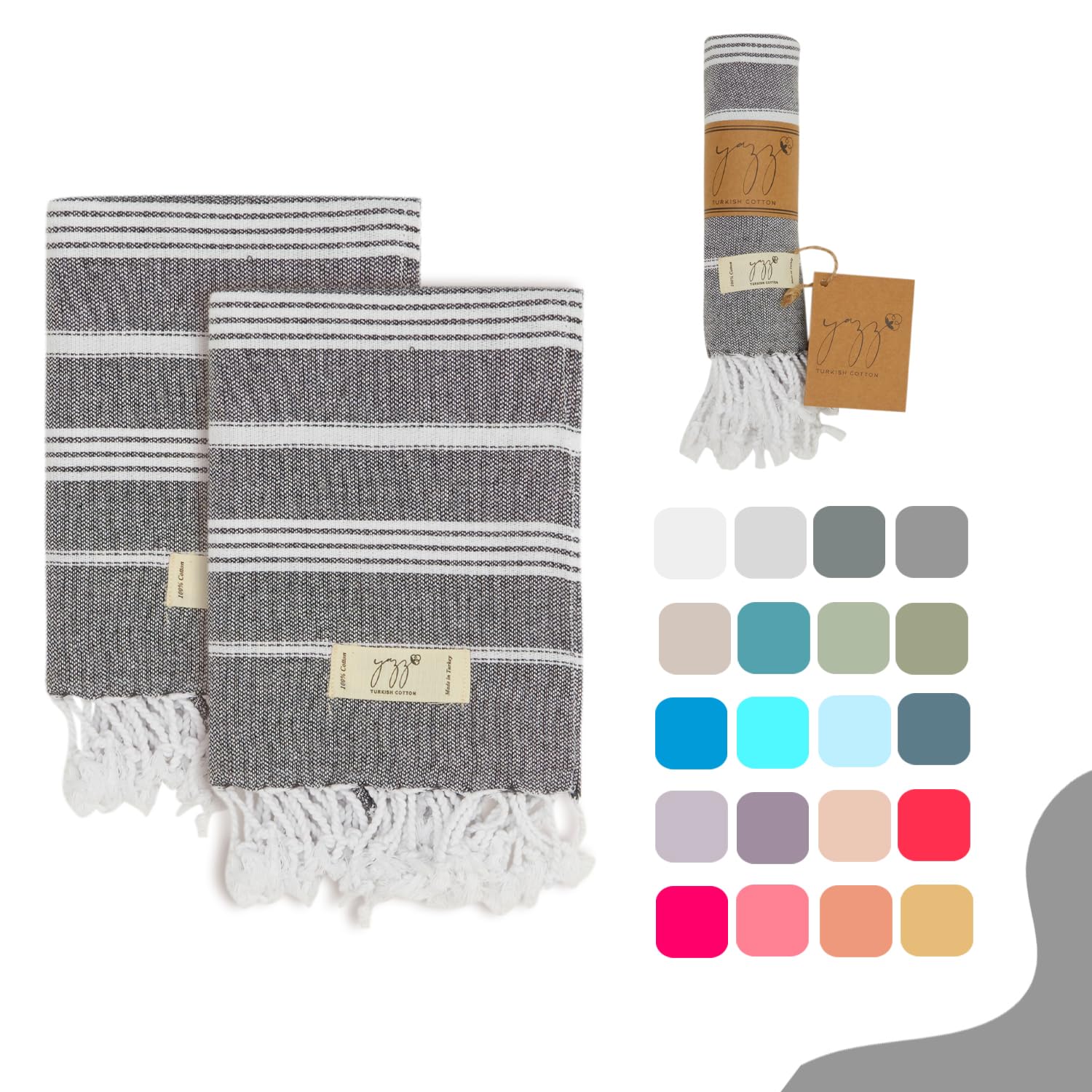 Yazz Turkish Cotton Hand Towels - Set Of 2 | 18'' X 30'' Inches |%100 Cotton | Decorative Peshtemal Cotton Hand Towels For Kitch