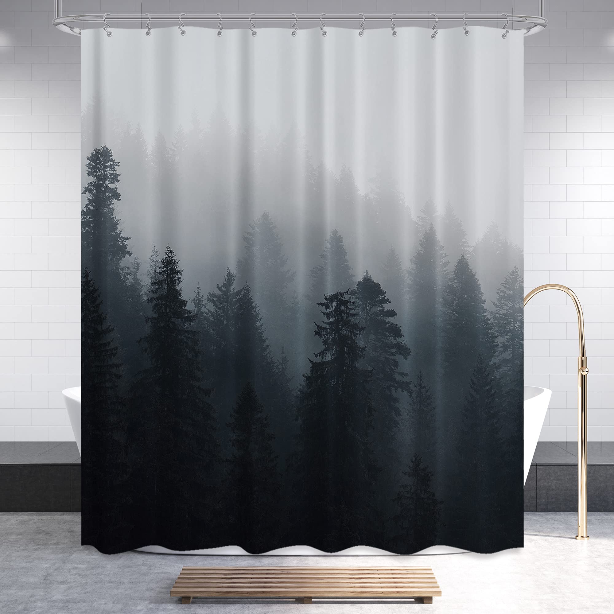 Riyidecor Gothic Fabric Dark Mens Shower Curtain Set For Bathroom 72Wx72H Inch Nature Tree Spooky Mountain Foggy Woodland Bath C