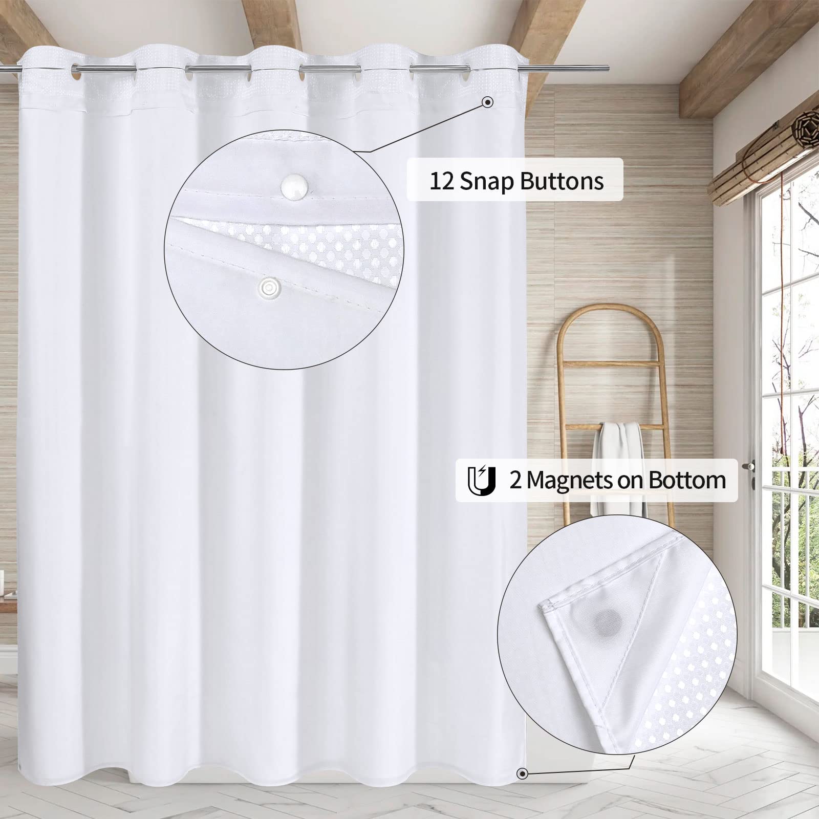 Mitovilla No Hooks Needed White Waffle Shower Curtain Set With Snap-In Liner, Modern Waffle Weave Fabric Shower Curtains For Lux