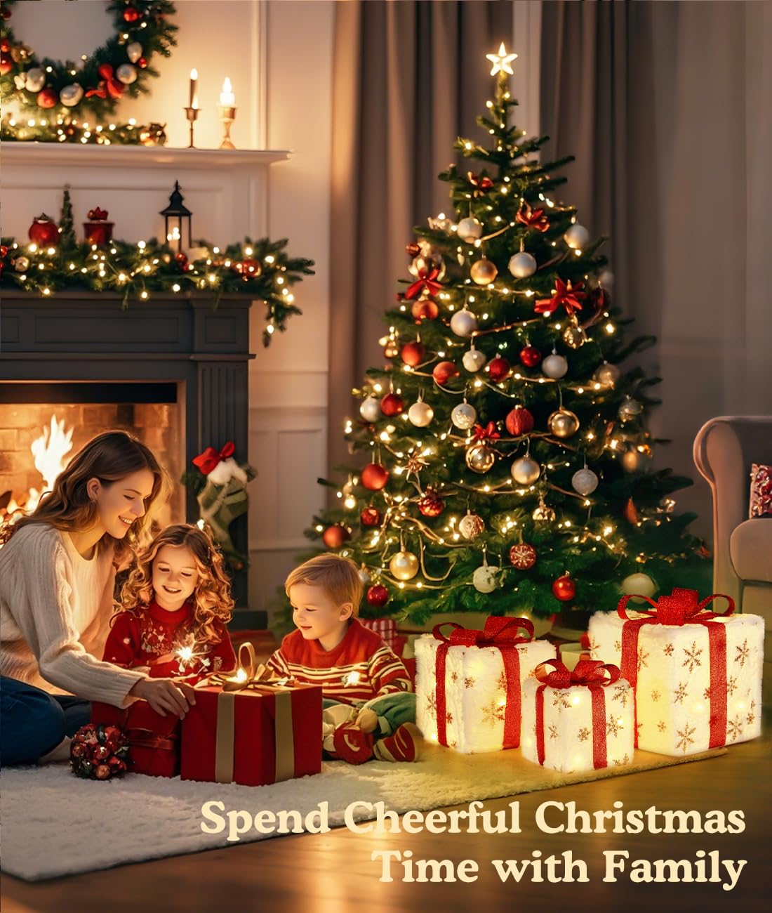 Christmas Lighted Gift Boxes, 3 PCS Large Outdoor Indoor Christmas Decorations with Remote Control, USB Plug in Under Christmas