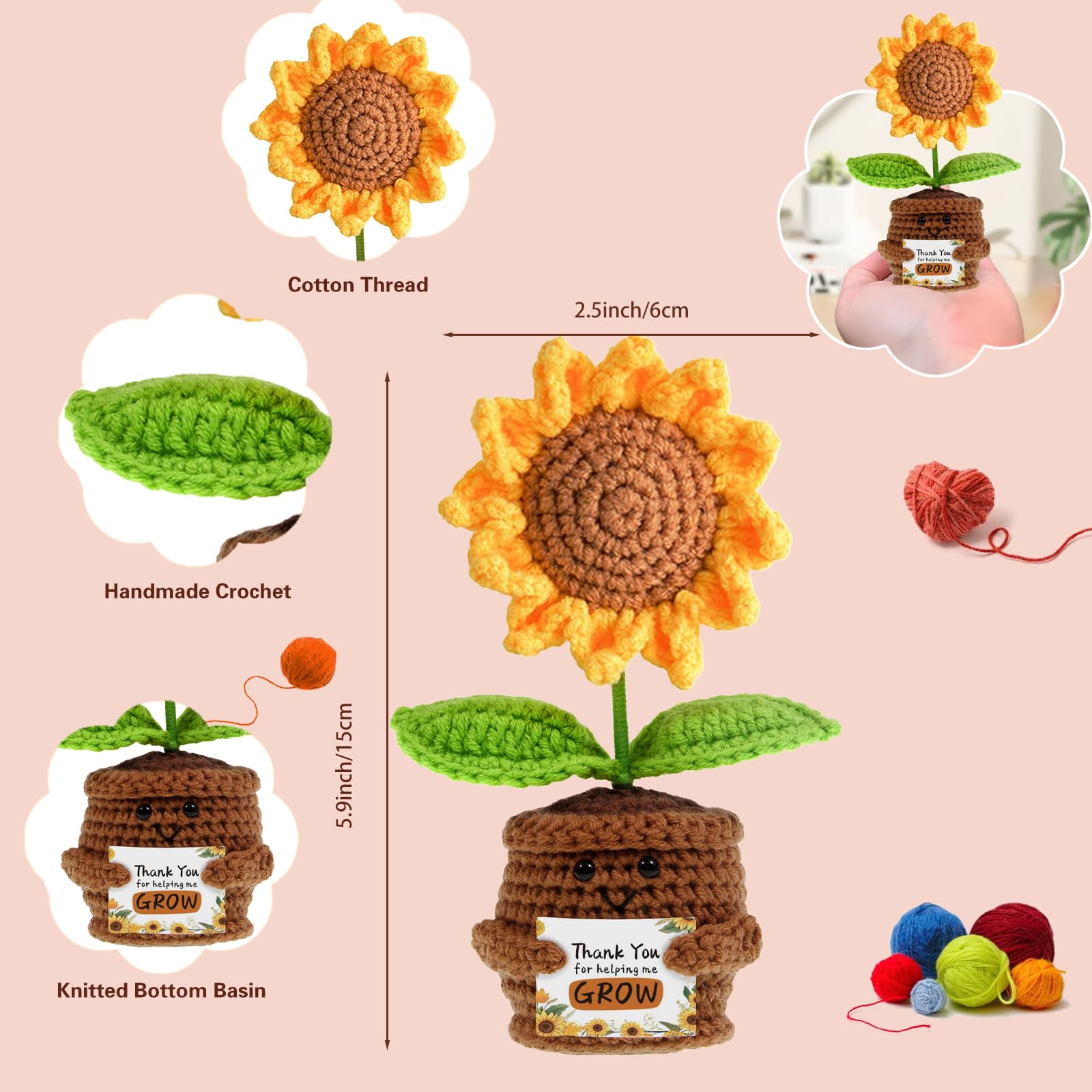 Hand Made Sunflower Crochet Knitting with Inspirational Cards - Thank You for Helping Me Grow Teachers and Parents Gifts for Chr