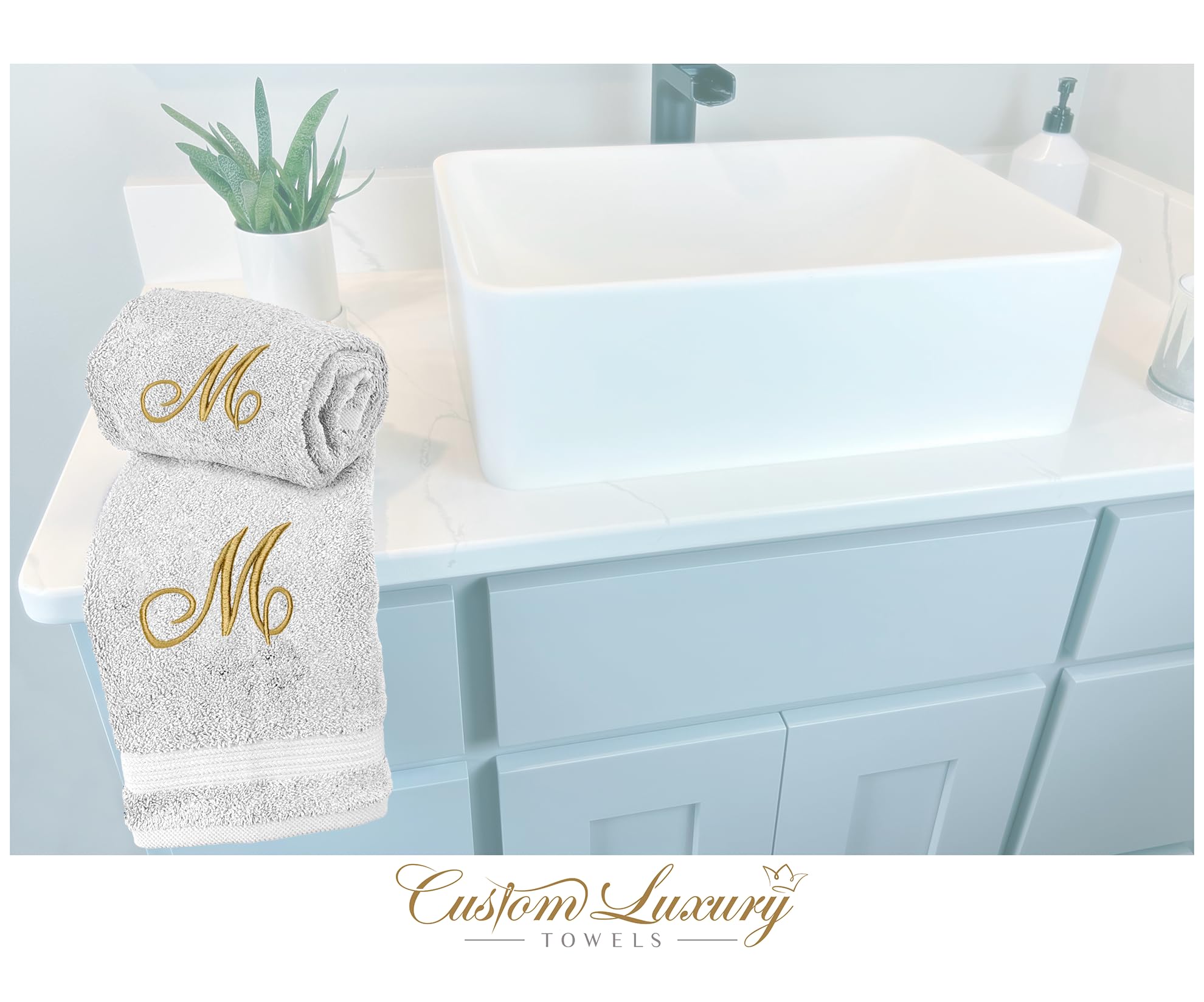 Custom Luxury Towels Monogrammed Hand Towels, Set Of 2, 100% Turkish Cotton, Choose Any Letter, White - Gold Thread