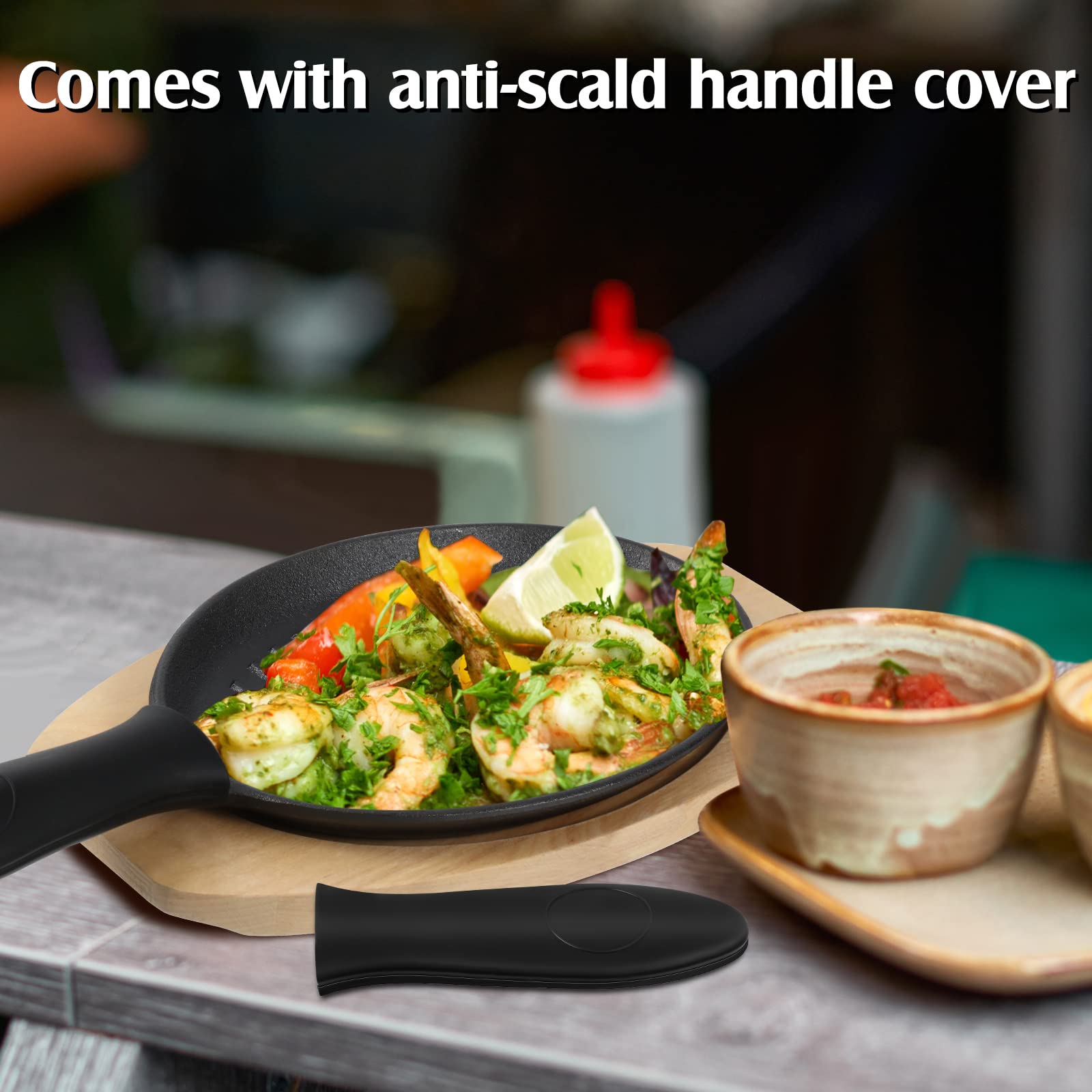 Tanlade 3 Sets Cast Iron Skillets Pre Seasoned Fajita Pan Heavy Duty Construction Sizzling Plates With Wooden Base And Silicone
