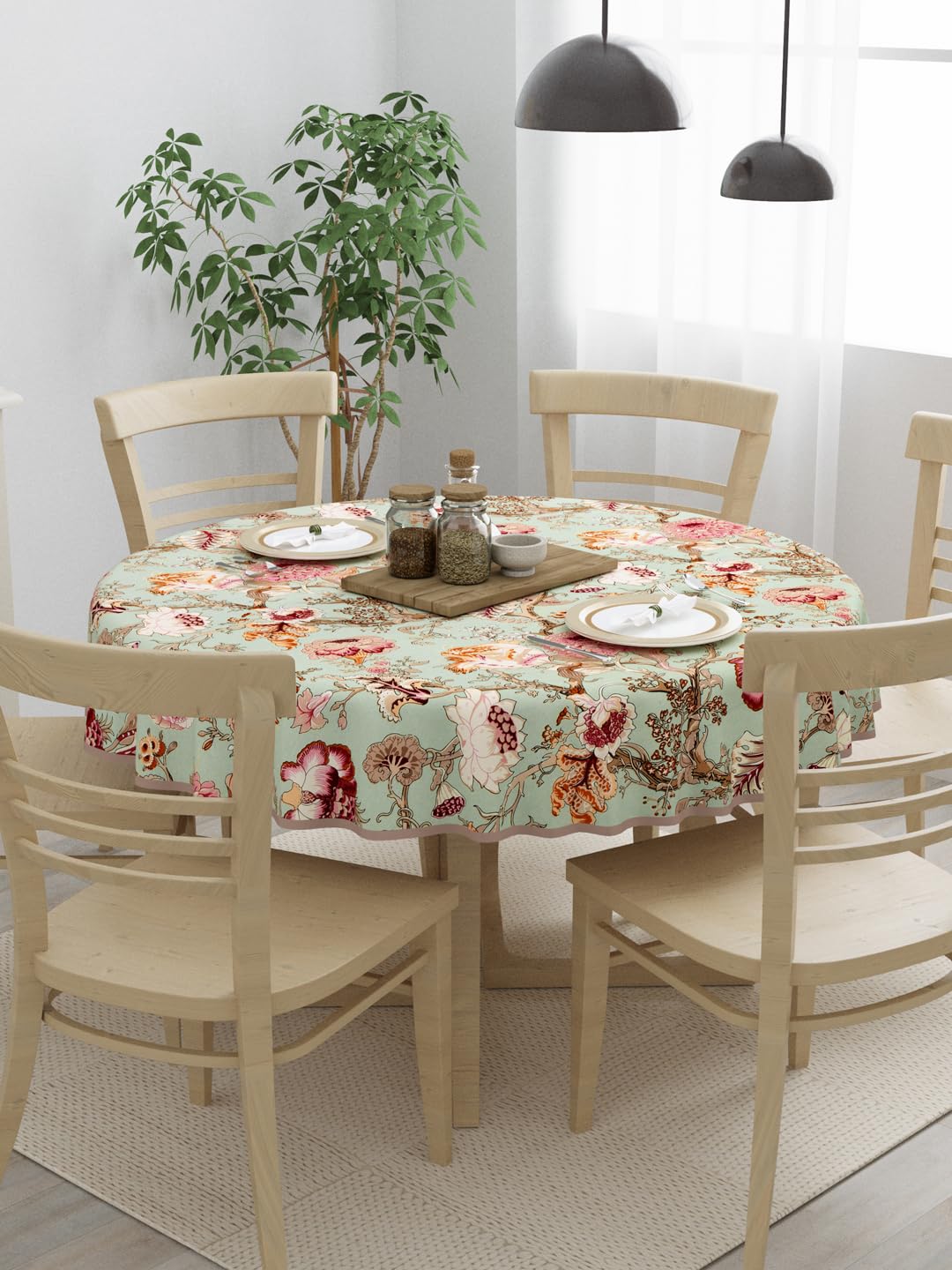 Clasiko 100% Cotton 6 Seater Round Table Cover; 72x72 Inches; Multicolor Flowers On Green