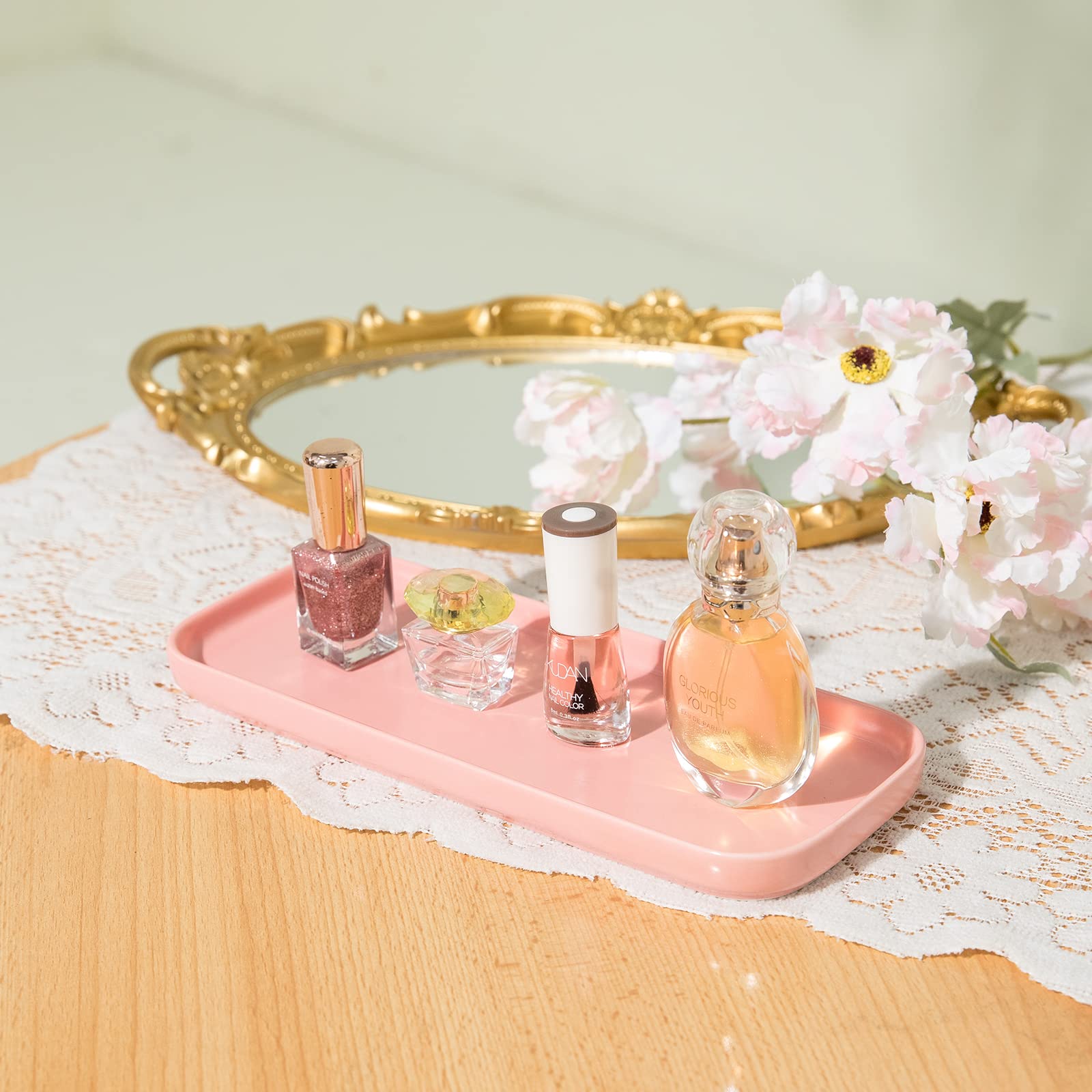 Ceramic Bathroom Tray,Kitchen Sink Organizer Tray,Cosmetics Holder (Pink)