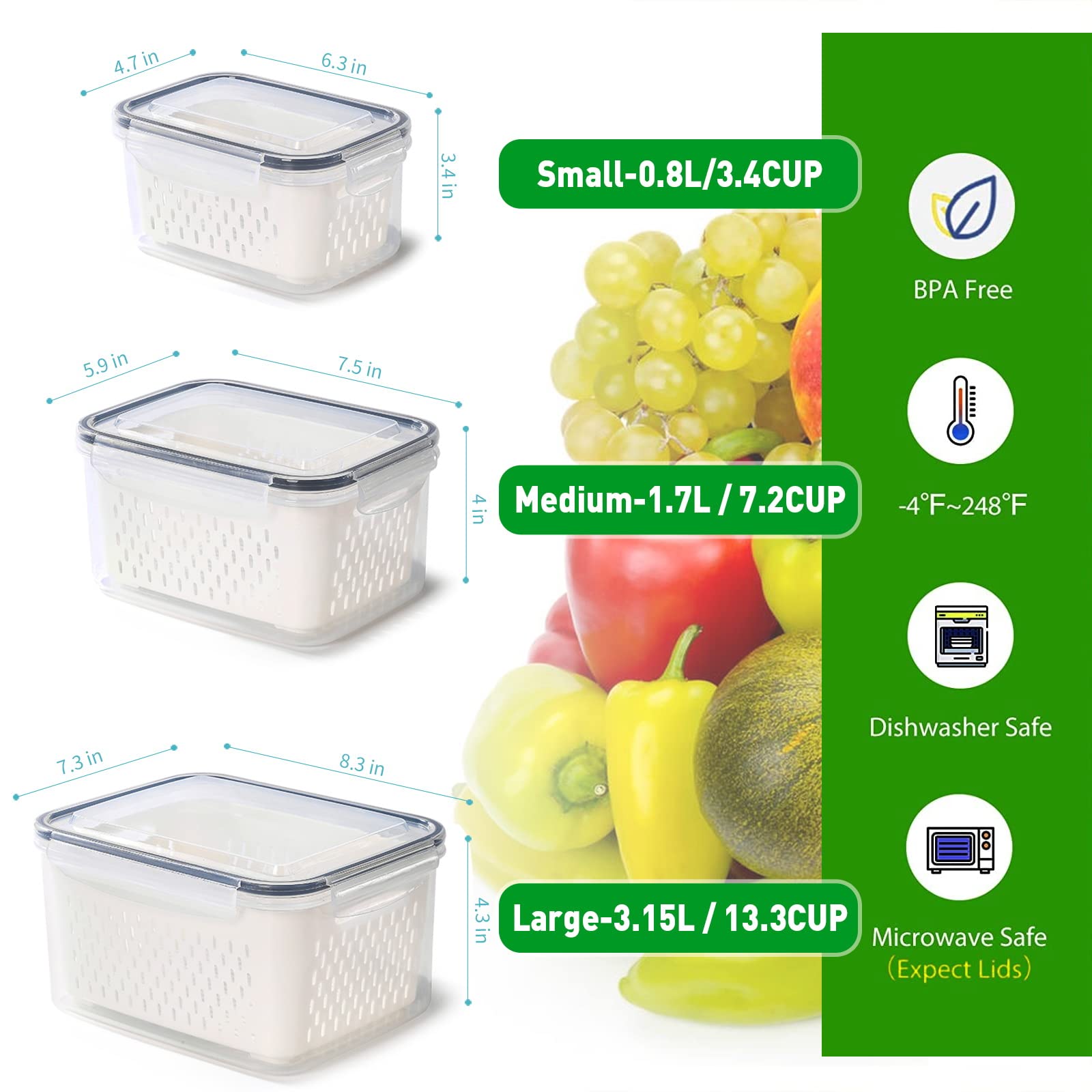 Pack Of 3 Fruit Fresh Produce Protector, Grape Container For Fridge, Fruit Saver Lettuce Container With Drain Colanders, Partiti
