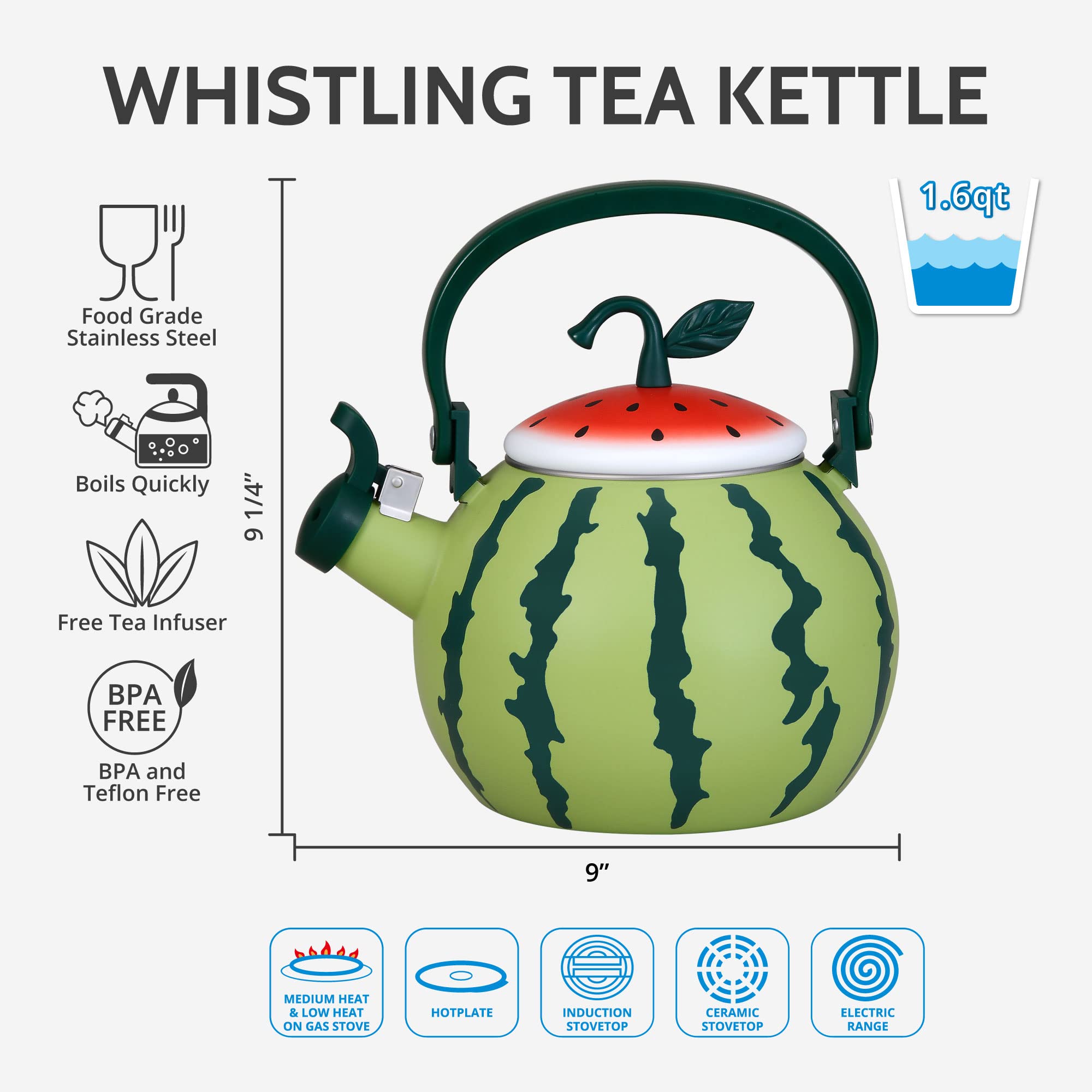 Whistling Tea Kettle For Stove Top Enamel On Steel Teakettle, Supreme Housewares Watermelon Design Teapot Water Kettle Cute Kitc