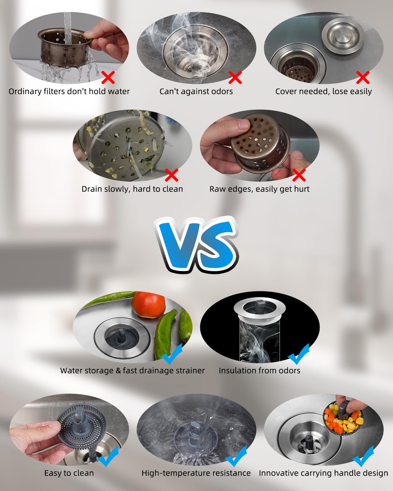 Hibbent 2 Pack 3 In 1 Kitchen Sink Drain Strainer And Stopper Combo, Stainless Steel Metal Pop Up Sink Stopper With Foldable Han