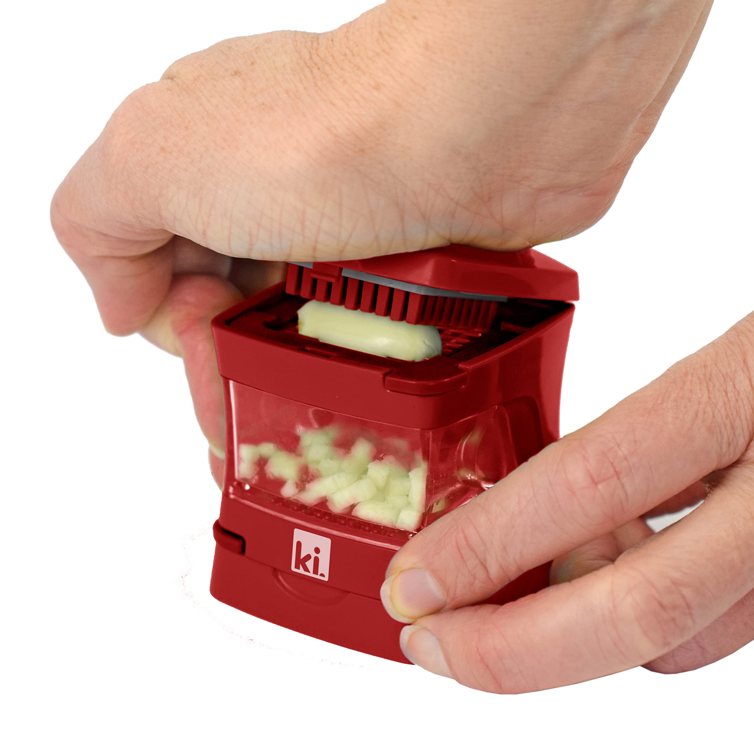 Kitchen Innovations Garlic Press & Peeler - Stainless Steel, 2.5" Red, Easy to Clean, Mincer & Storage Container