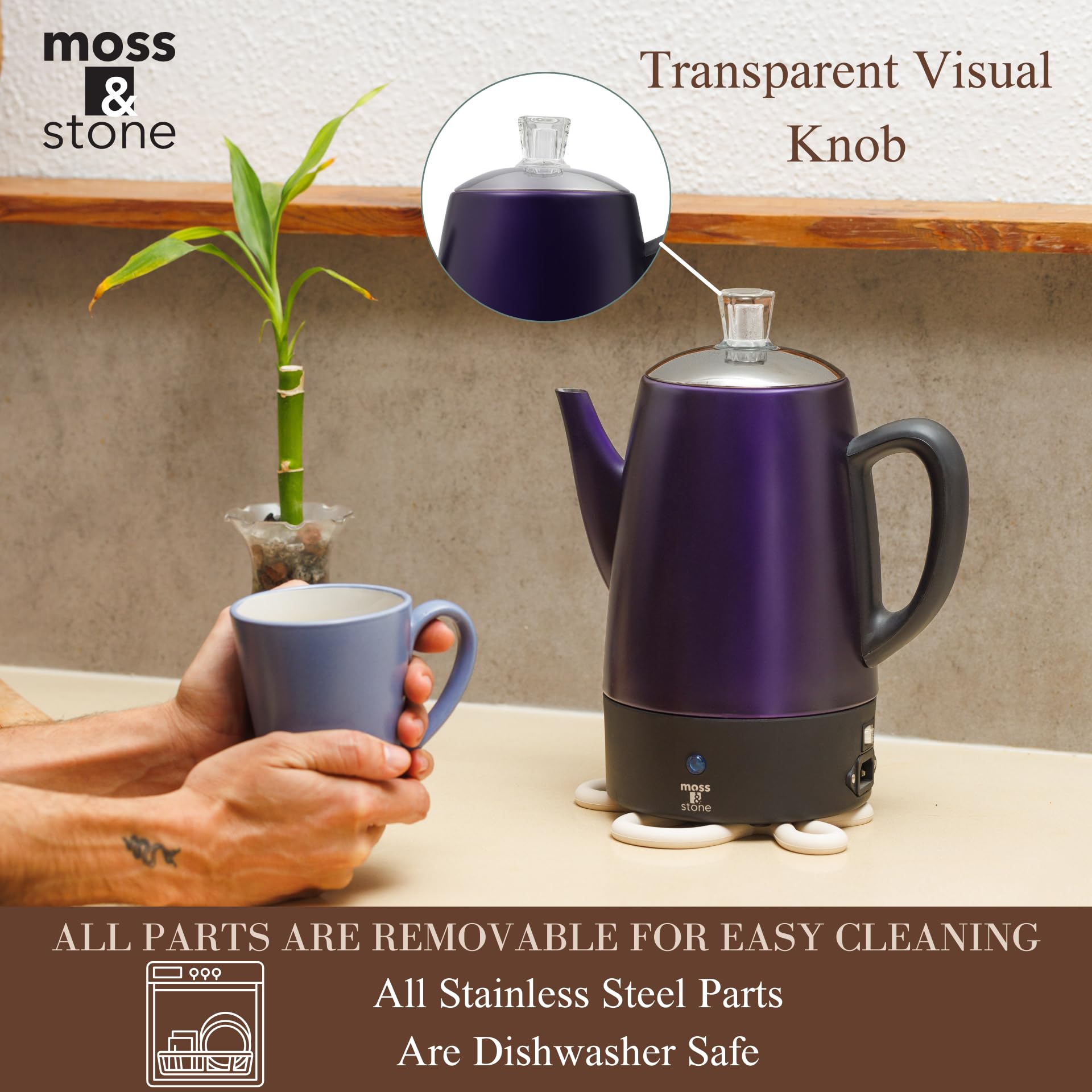 Moss & Stone Electric Coffee Percolator, 10 Cup, Stainless Steel, Purple, Model EPMPP-8MS, Keep Warm Function, 54 oz