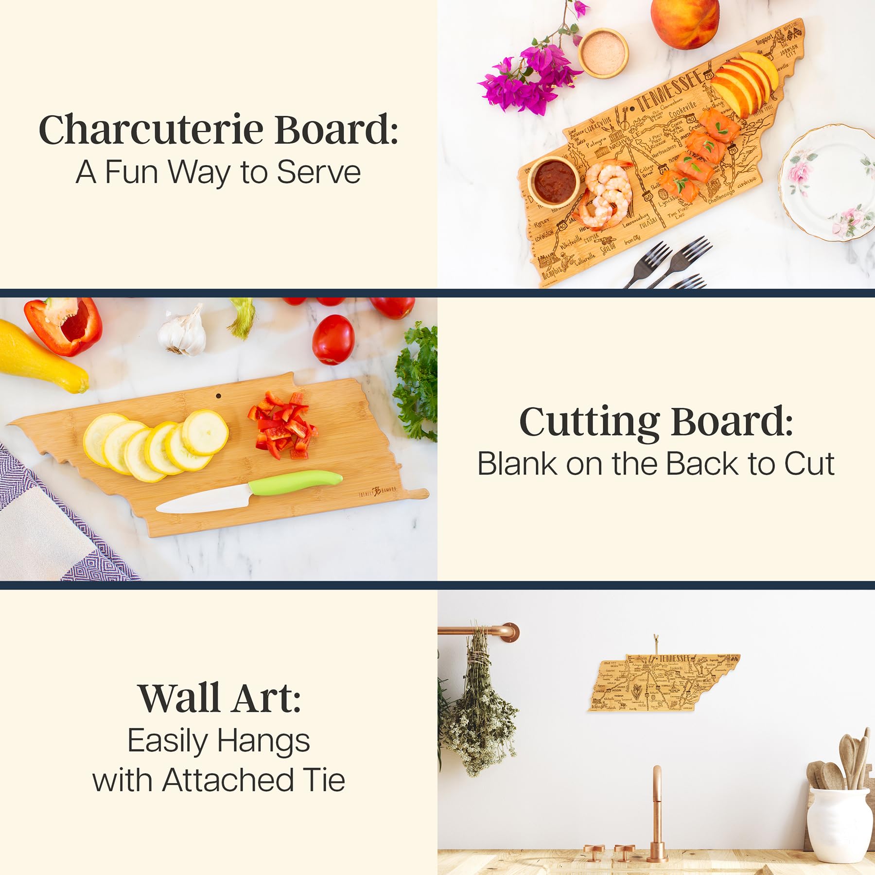 Totally Bamboo Destination Tennessee State Shaped Cutting Board, Charcuterie and Cheese Serving Board - Tennessee Gift for Home