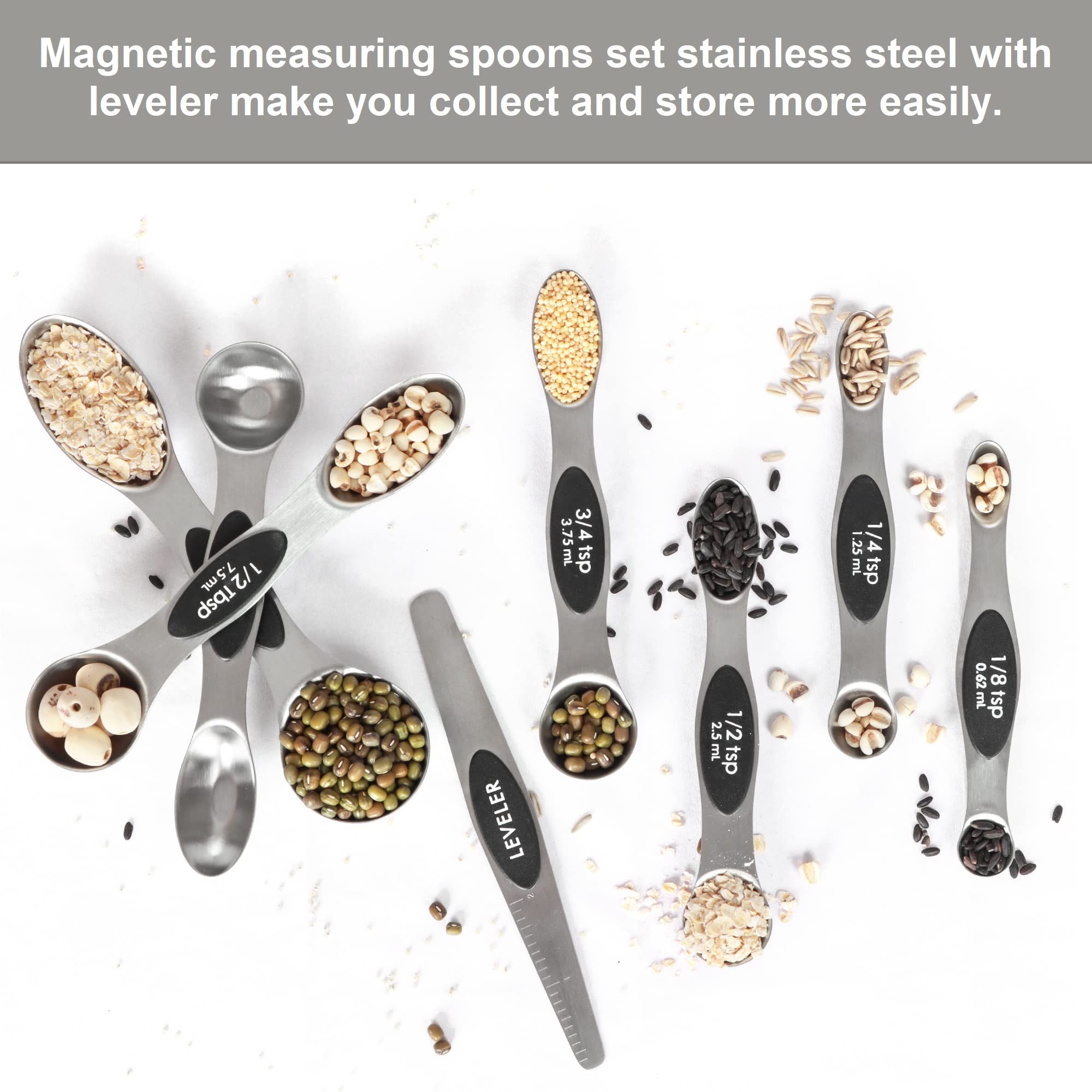 Magnetic Measuring Spoons Set Stainless Steel With Leveler-9Pcs Stackable Metal Tablespoon Measure Spoon For Baking-Measuring Cu