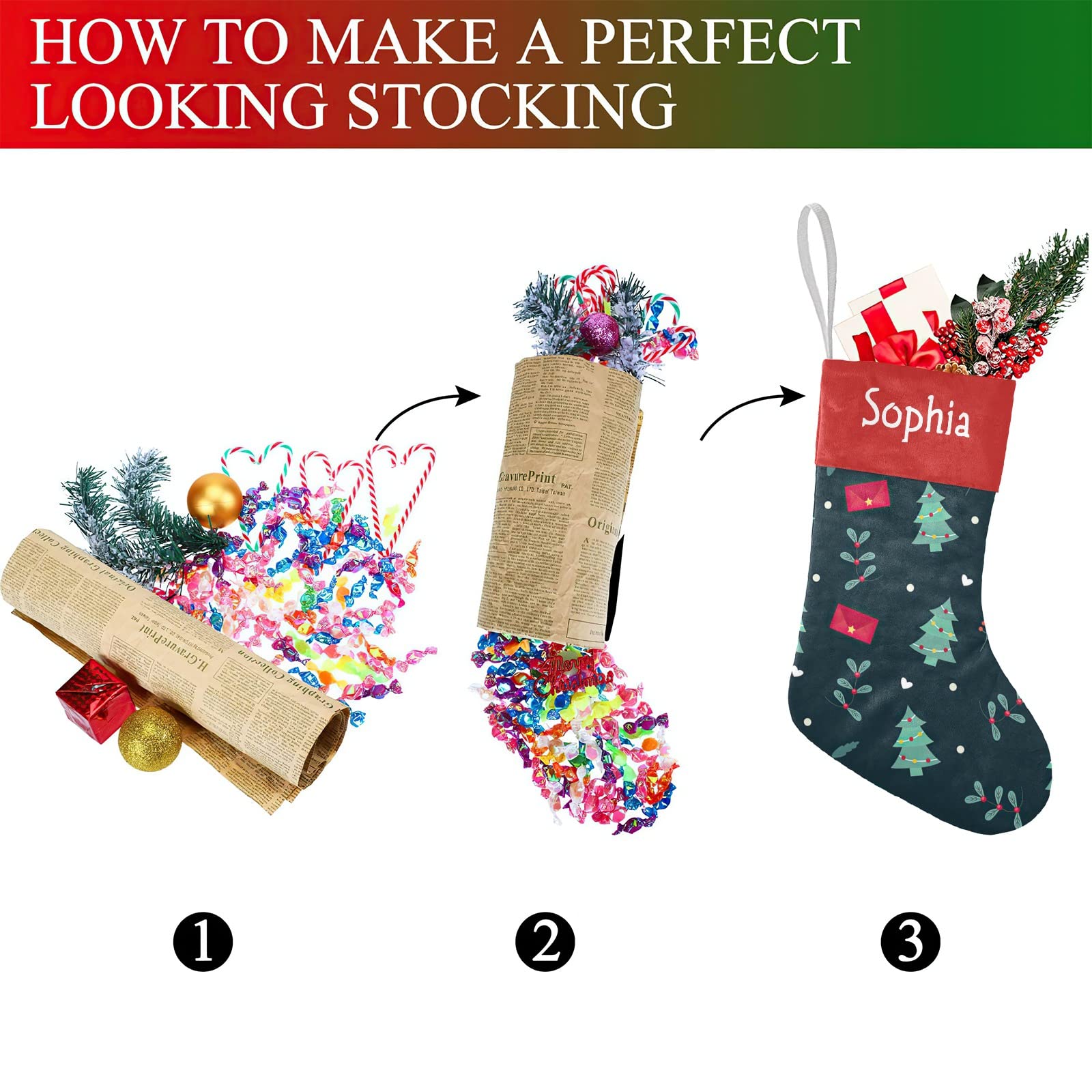 Christmas Tree Dark Green Personalized Christmas Stockings with Name Custom Xmas Gift Fleece Holiday Decoration Gift 17.52 x 7.8