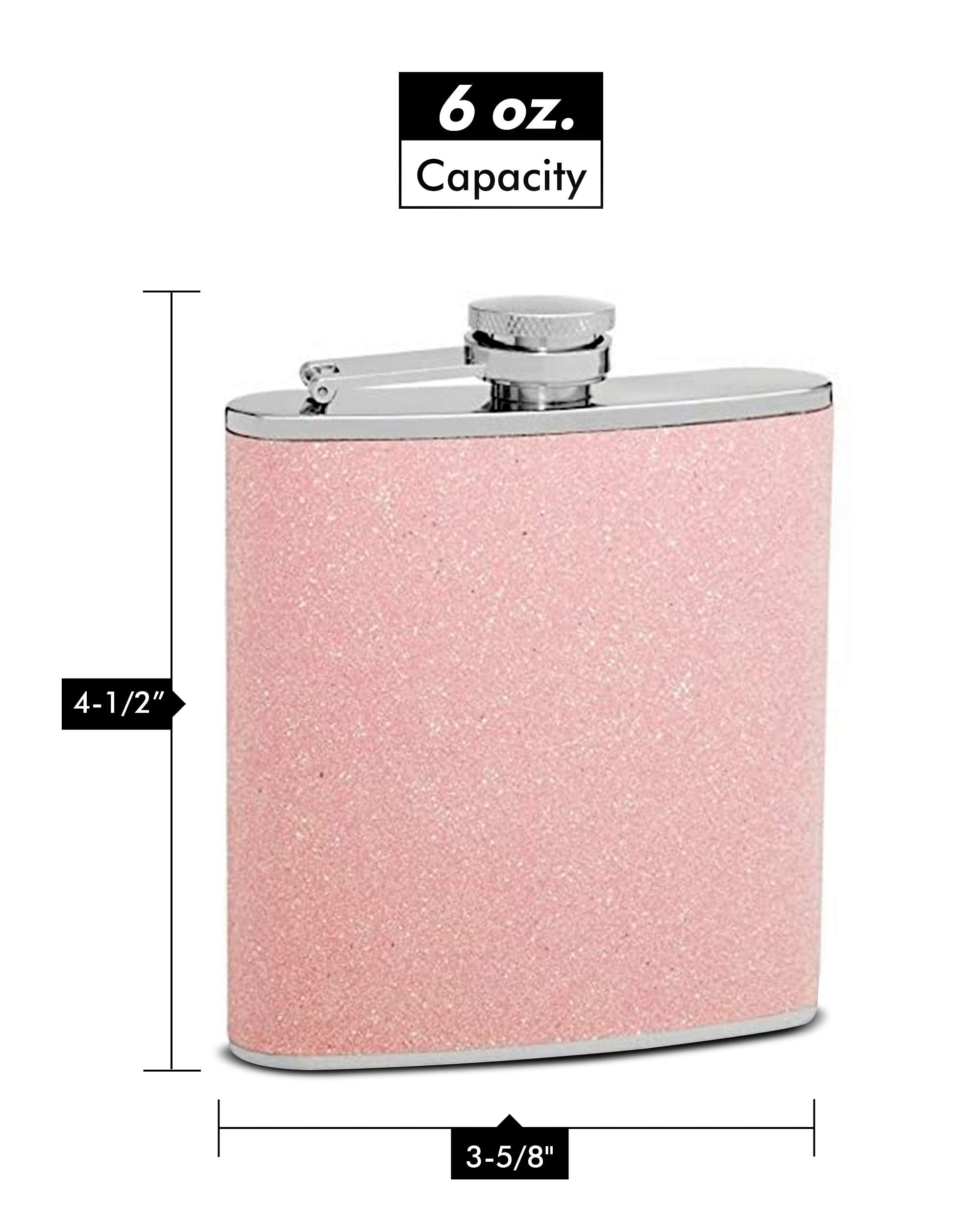 Glitter Hip Flask Holding 6 Oz - Sparkles In The Light Design - Pocket Size Stainless Steel Rustproof Screw-On Cap - Pink Finish