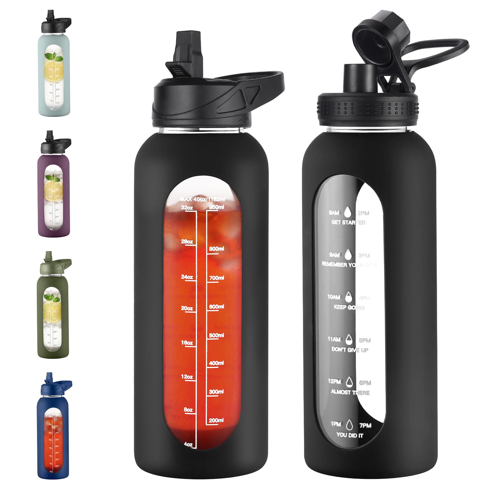 EALGRO 40 oz Glass Water Bottle With Straw and Handle, Sports Motivational Water Jug Flask with Silicone Sleeve, Large Water Cup