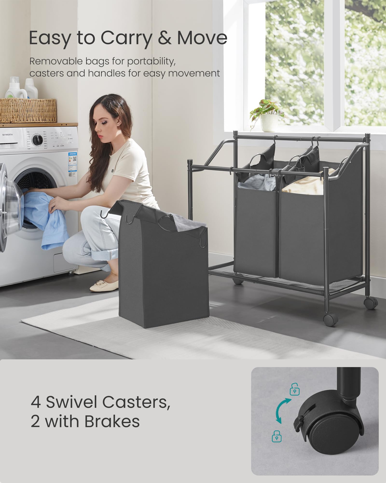 Songmics Laundry Sorter, Rolling Laundry Basket With 3 Removable Bags, Laundry Hamper, Laundry Cart, For Laundry Room, Bedroom,