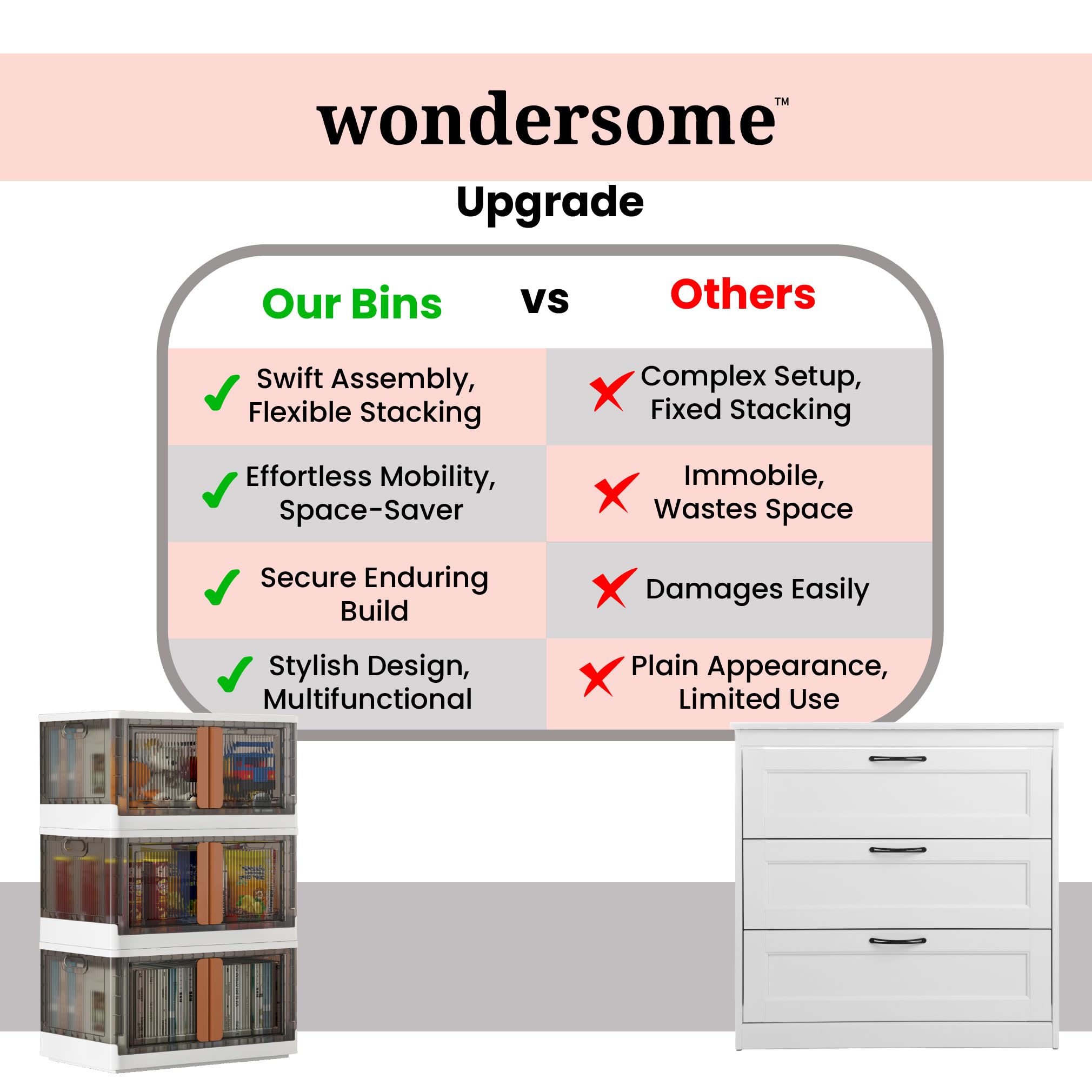 Wondersome Collapsible Storage Bins - 6-Pack Of Extra-Large 19-Gallon/76-Quart Stackable Wheeled Clothing, Shoe, Bedroom, Office