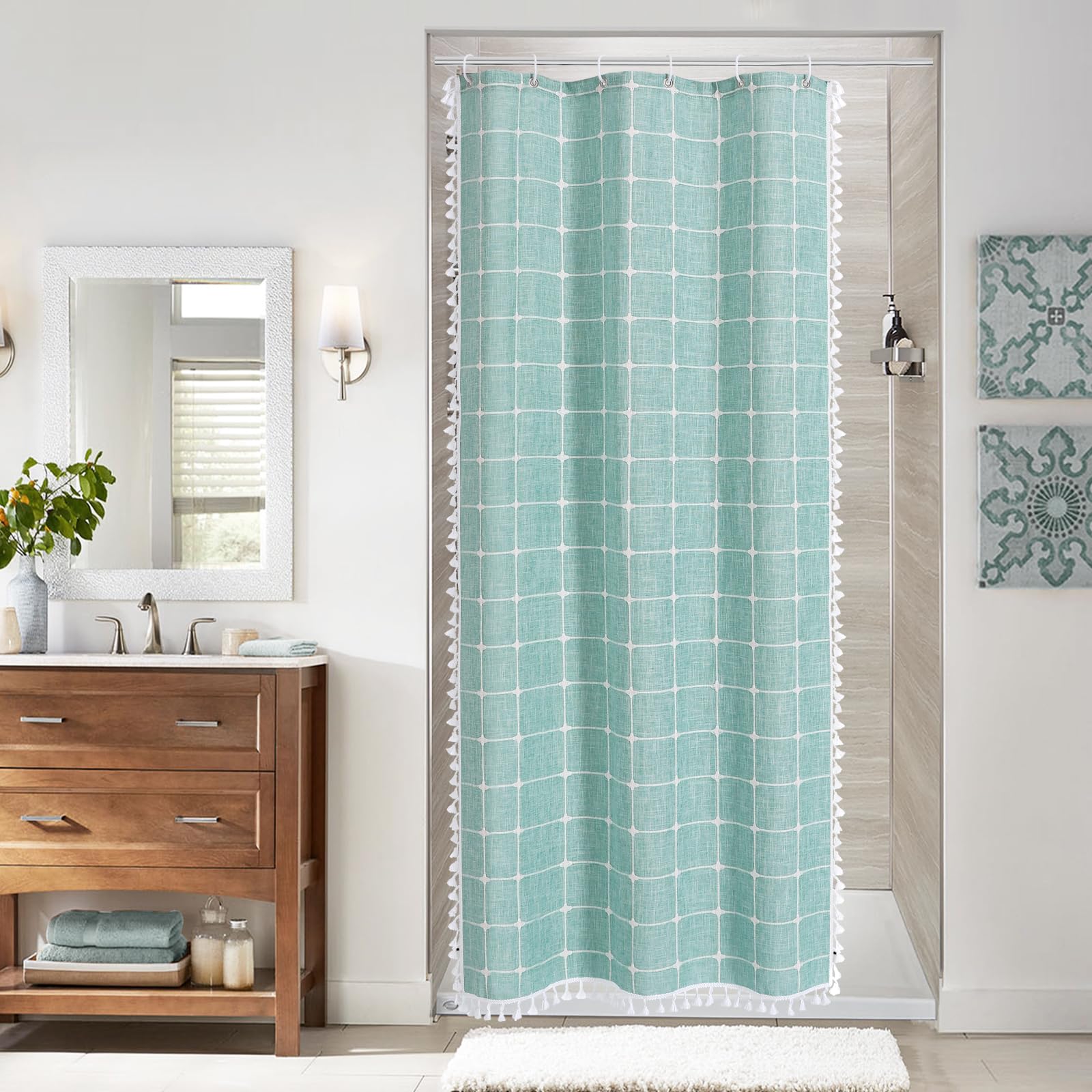 Mitovilla Teal Blue 36 X 72 Boho Small Stall Shower Curtain, Turquoise Narrow Cotton Linen Fabric Shower Curtains For Farmhouse