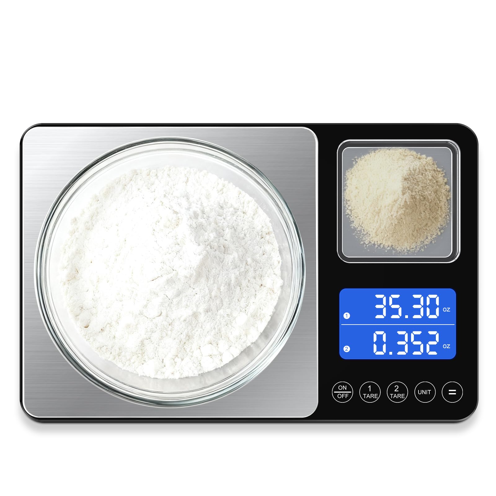 Digital Dual Platform Kitchen Scale, 33 lb Large & 1.1 lb Mini Food Scale with DualLine LCD Display, Stainless Steel, High Prec