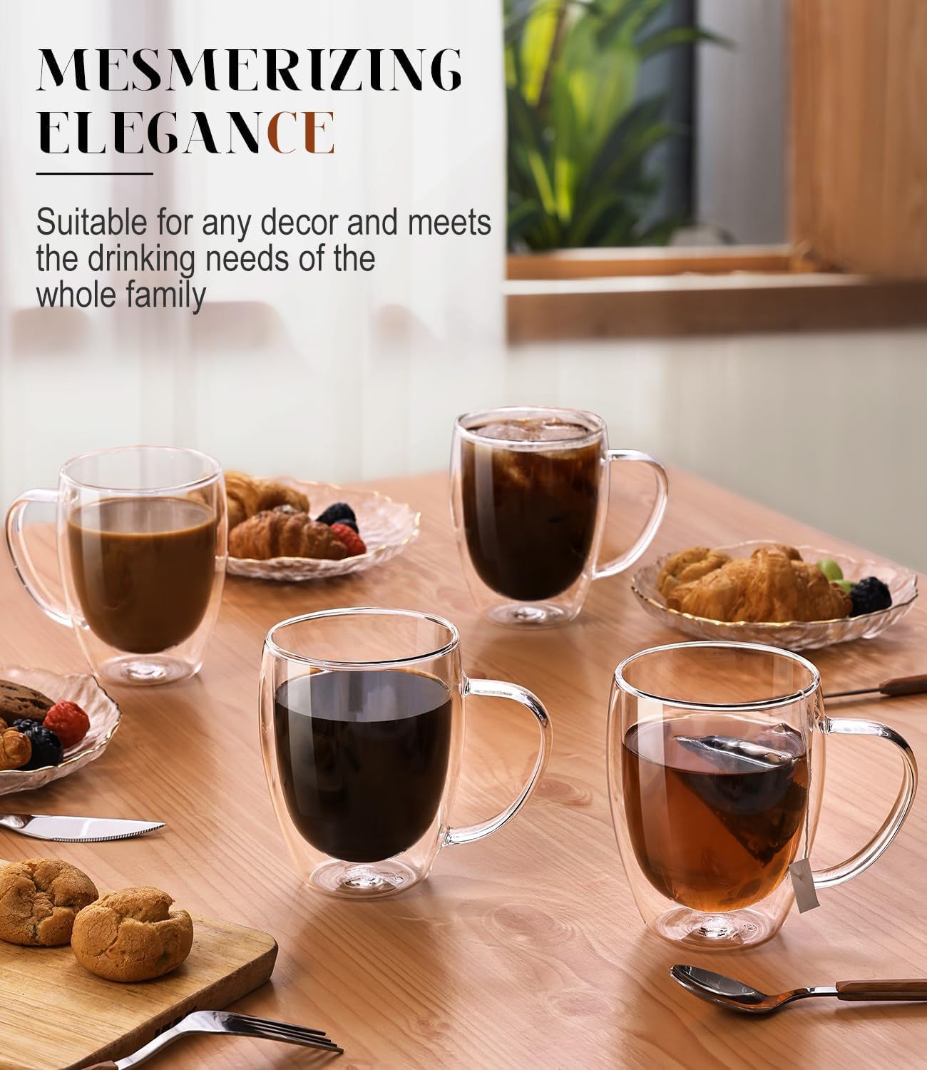 Oja Double Wall Glass Coffee Mugs 13Oz, Clear Glass Coffee Cups Set Of 4, Insulated Tea Mug, Perfect For Espresso, Cappuccino, L