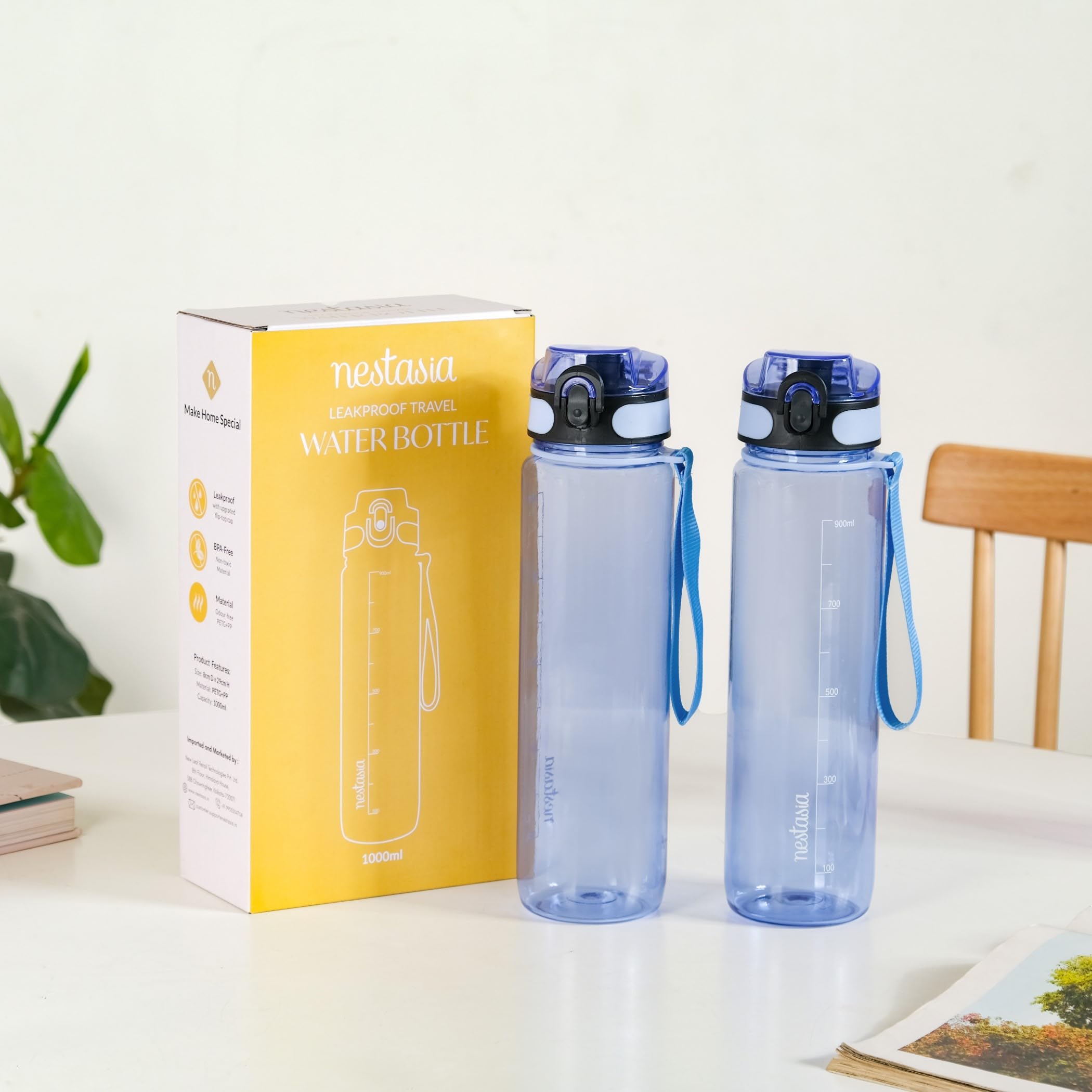 Nestasia Polyethylene Water Bottles Set Of 2 (1000Ml Each)|Bpa-Free, Spill-Proof, Travel Friendly Transparent Bottles |For Fitne