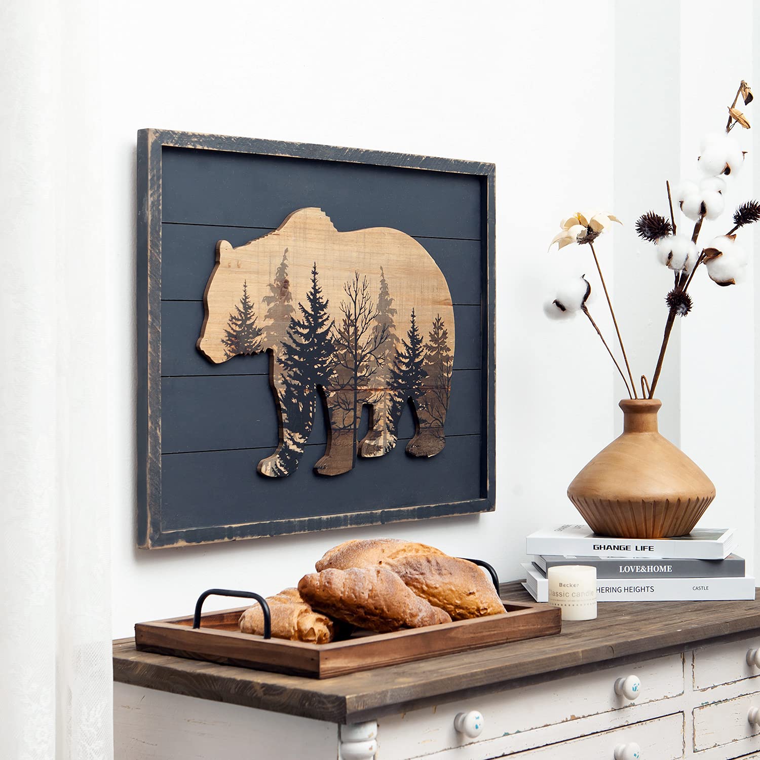Nikky Home Cute Bear In The Forest Decorative Wood Framed Wall Art Prints Cabin Decor, 21'' X 16'', Gray