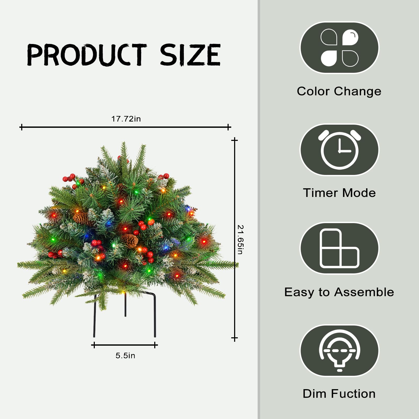 2 Pack Christmas Tree Urn Filler, Battery Operated with Timer, Pre-lit Warm White & Multi-Color Changing LED Lights, 21in Artifi