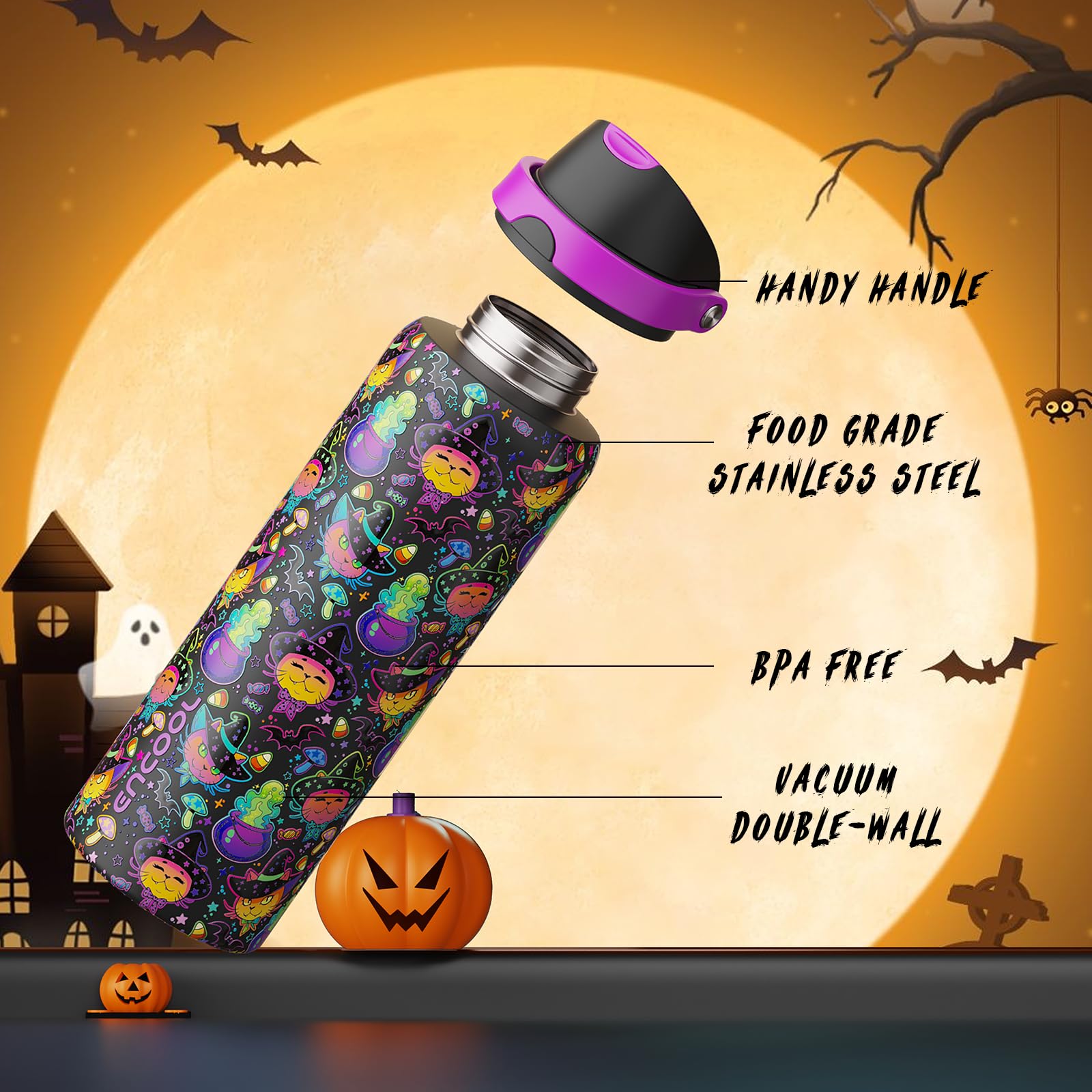 ENCOOL Halloween Insulated Water Bottle with Straw - Stainless Steel Water Bottle with Push Button Lid, Leak-Proof BPA-Free, Kee